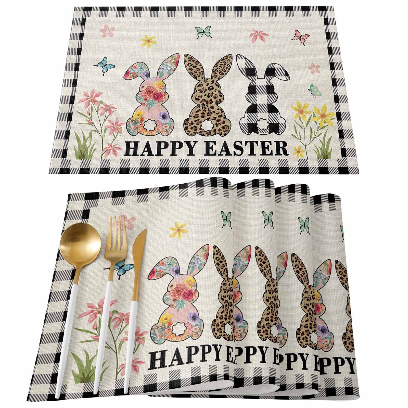 Premium Cotton Linen Placemats Set of 4 - Non-Slip Heat Resistant Table Mats for Dining, Kitchen & Holiday Decor | Easter Bunny Retro Country Style Washable Placemats for Parties, Home Decor & Everyday Use