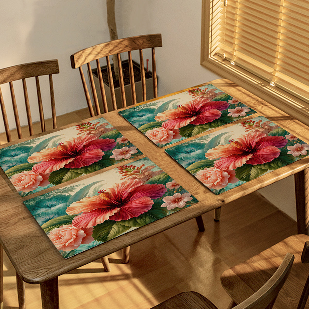 Premium Hibiscus Flower Table Placemats Set of 4 - Waterproof & Heat-Resistant Dining Table Mats for Home Decor, Parties, and Outdoor Picnics