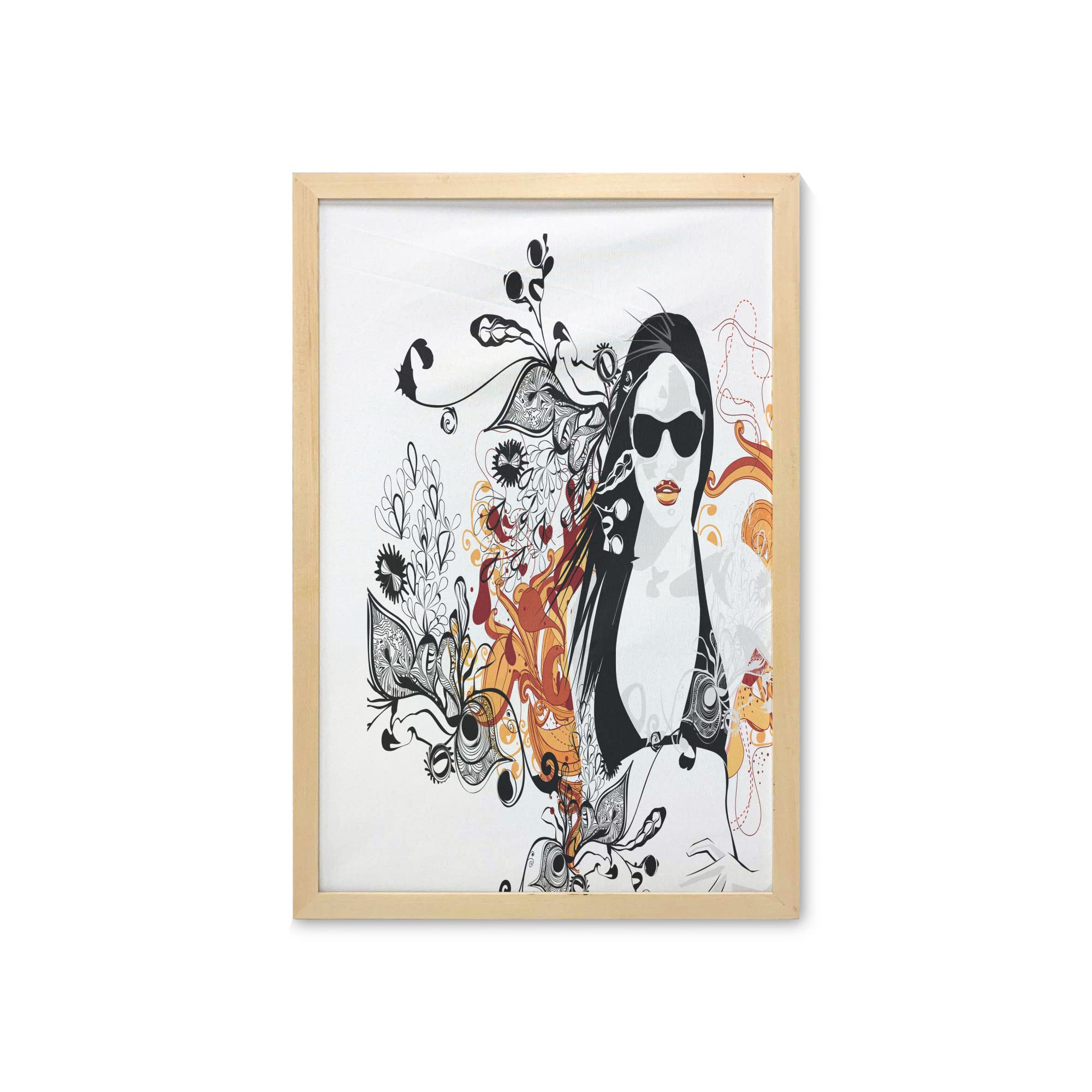 Ambesonne Feminine Wall Art with Frame - Party Girl Glasses Floral Blossom Ornamental Print Fabric Poster for Bathroom, Living Room, Bedroom & Dorm Decor - 23