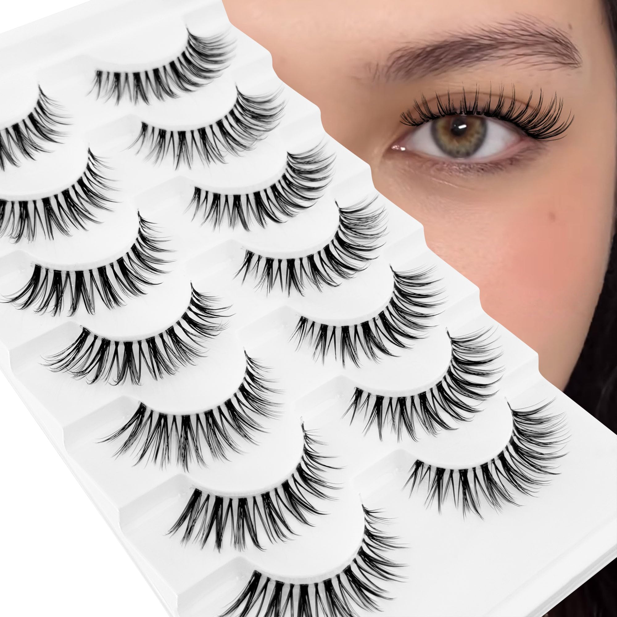 Natural Look Wispy False Eyelashes 14mm - 3D Faux Mink Lashes (7 Pairs) | Cat Eye Lash Strips for Everyday Wear & Special Occasions | NINGLASH
