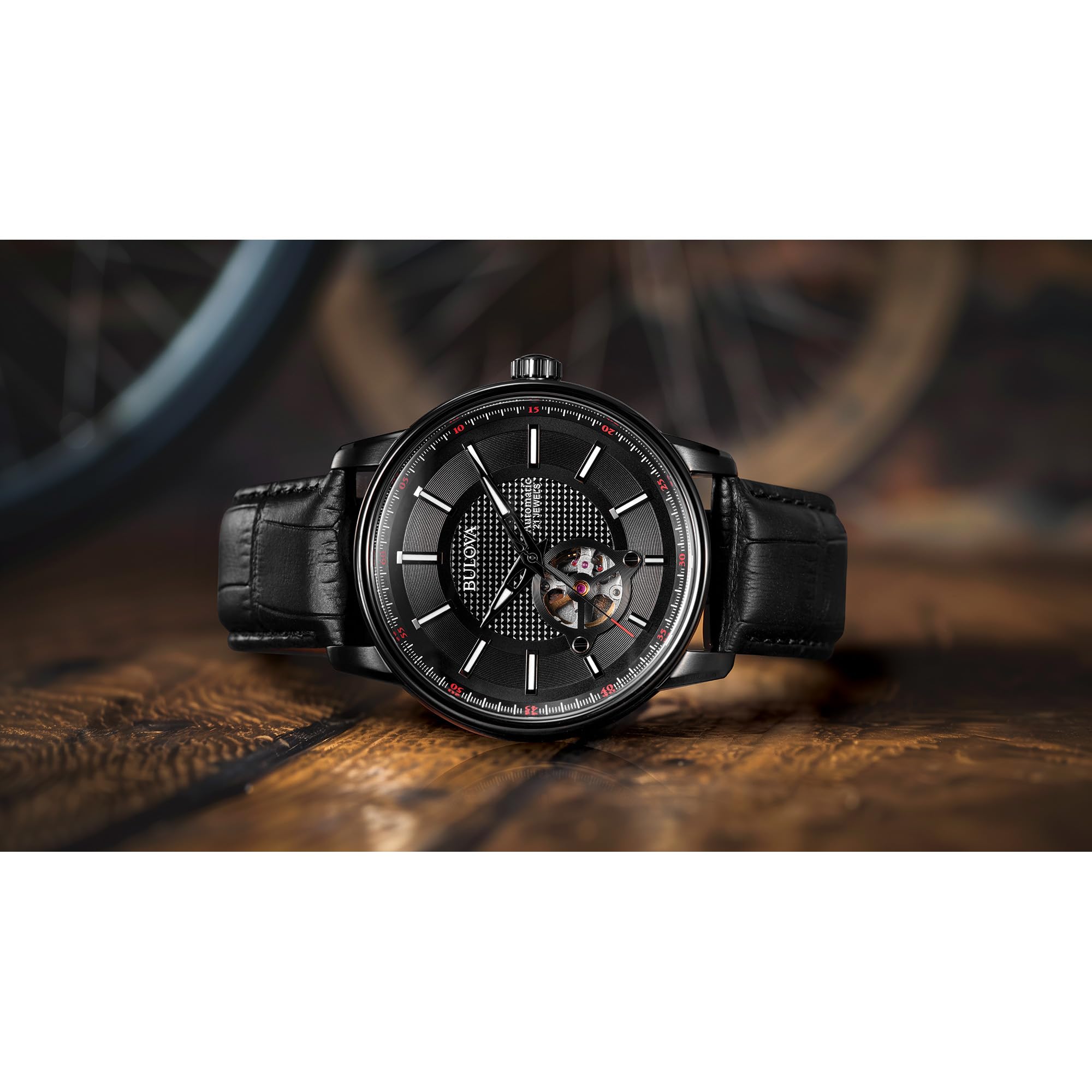 Bulova Men's Automatic Leather Watch with 21 Jewels, Hack Feature & Luminous Hands - 45mm Open Aperture Design for Business & Casual Wear