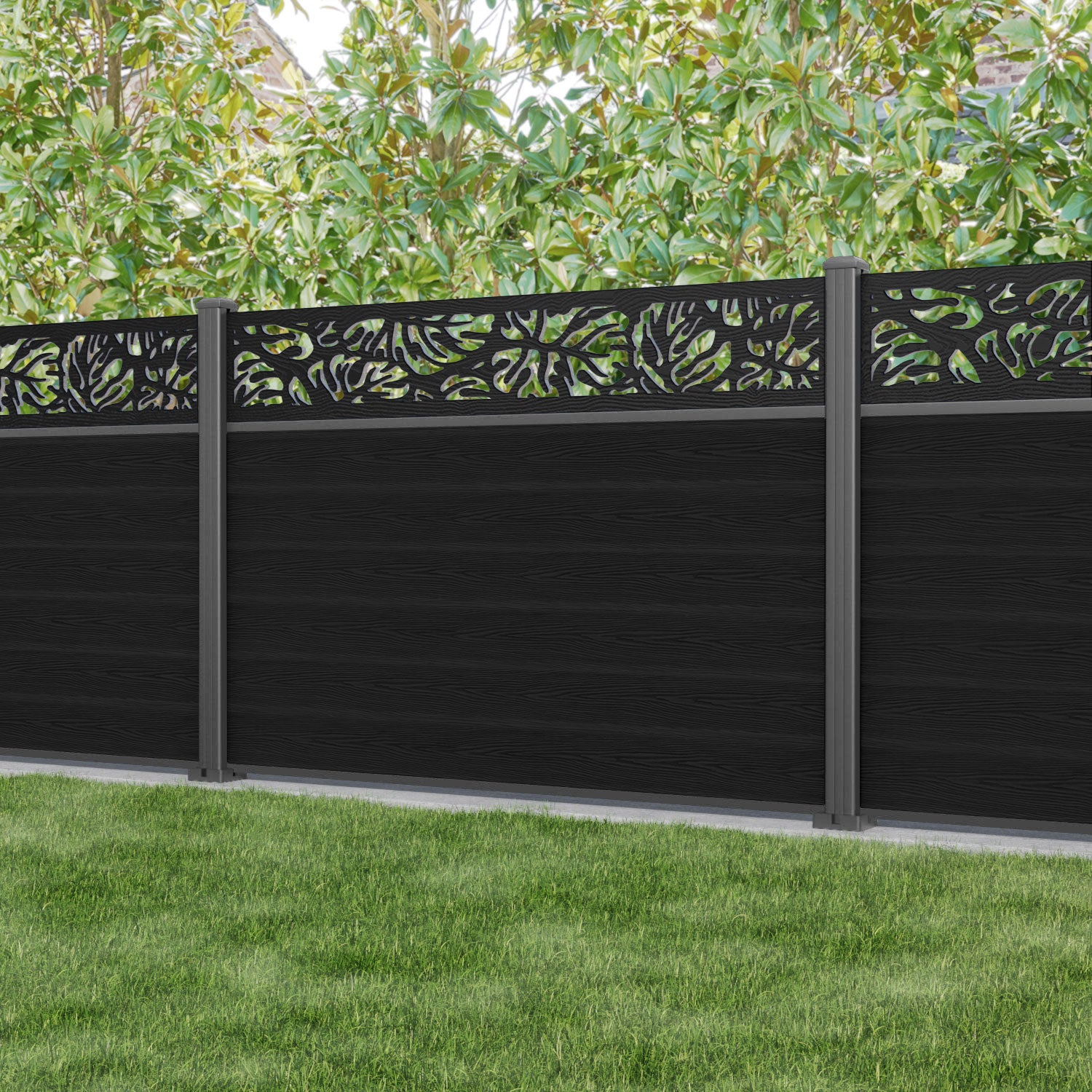 Classic Black Botanic Fence Panel with Aluminum Posts - Perfect for Garden Privacy, Yard Decoration and Outdoor Landscaping