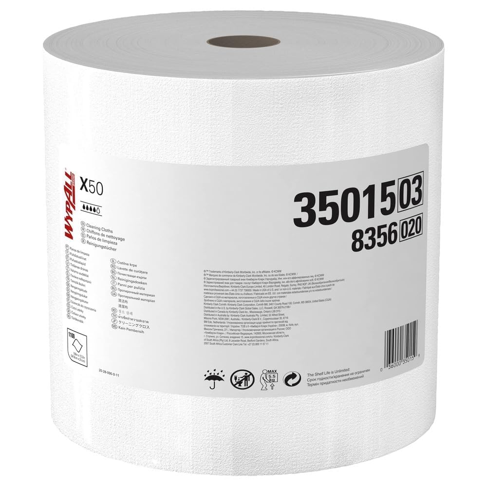 WypAll GeneralClean X50 Heavy-Duty Cleaning Wipes (35015) - Jumbo Roll with 1,100 Strong, Absorbent White Towels for Industrial & Home Use - Perfect for Workshops, Kitchens & Automotive Cleaning