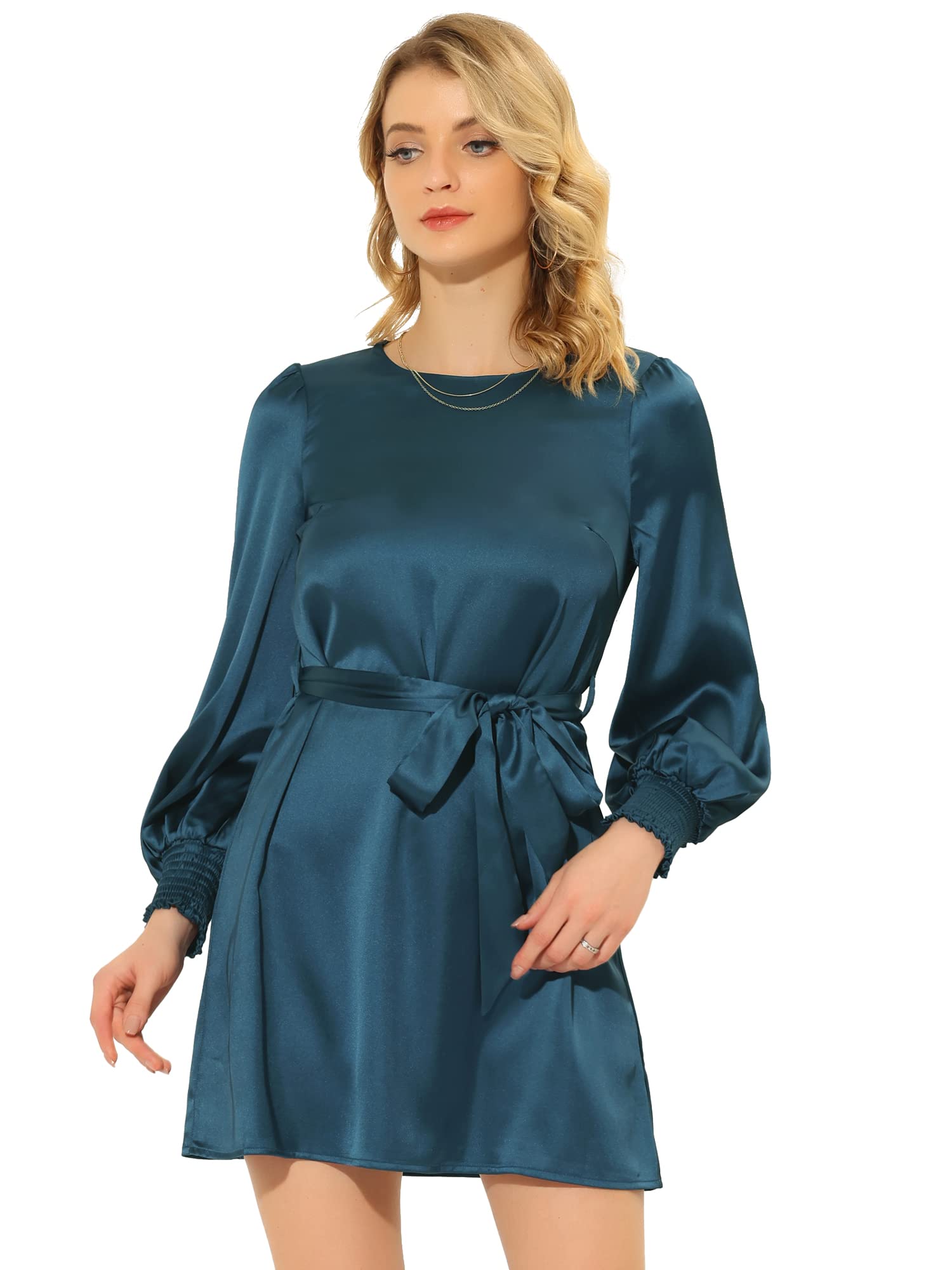 Allegra K Women's Satin Shift Dress with Lantern Sleeves & Tie Waist - Elegant Round Neck Party Dress for Cocktail, Wedding Guest & Special Occasions