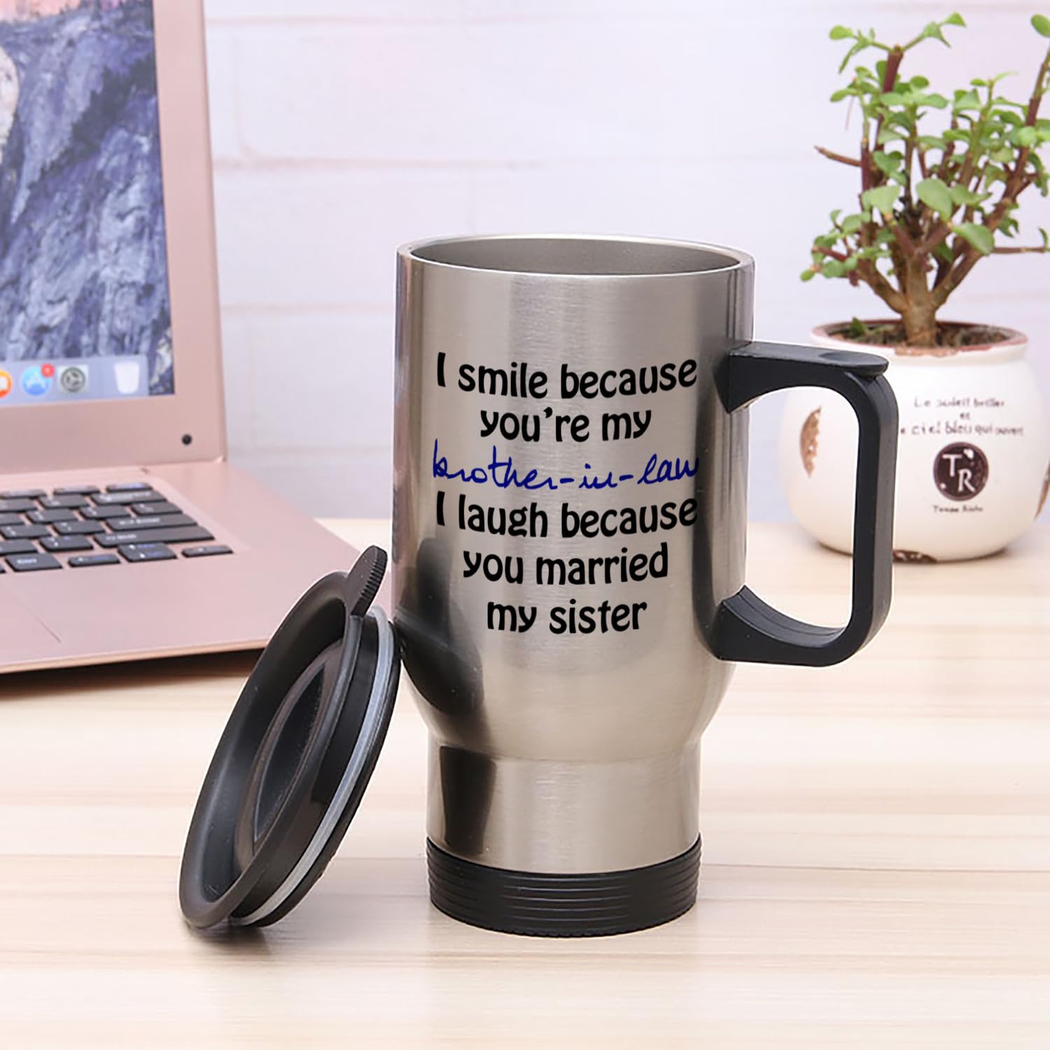 Funny Travel Mug 14oz - 'I Smile Because You're My Brother-in-law' Coffee Cup | Unique Birthday & Christmas Gift for Brother-in-Law | Perfect for Office, Commute & Family Gatherings