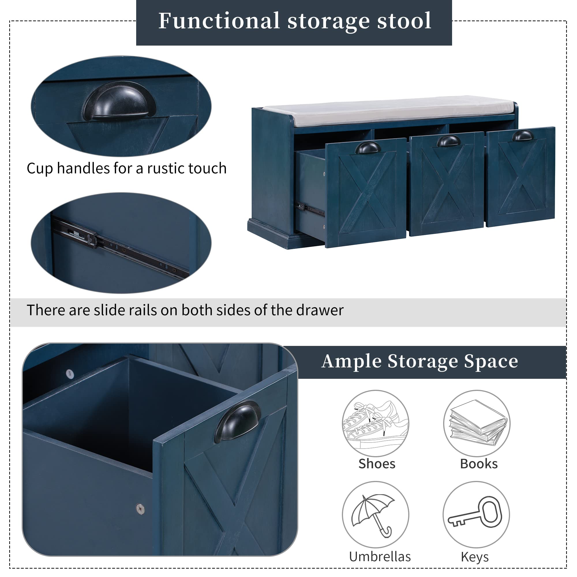 Rustic Solid Wood Storage Bench with 3 Drawers & Velvet Removable Cushion - Entryway Shoe Bench for Hallway, Living Room (Espresso) | Perfect for Small Space Organization & Home Decor