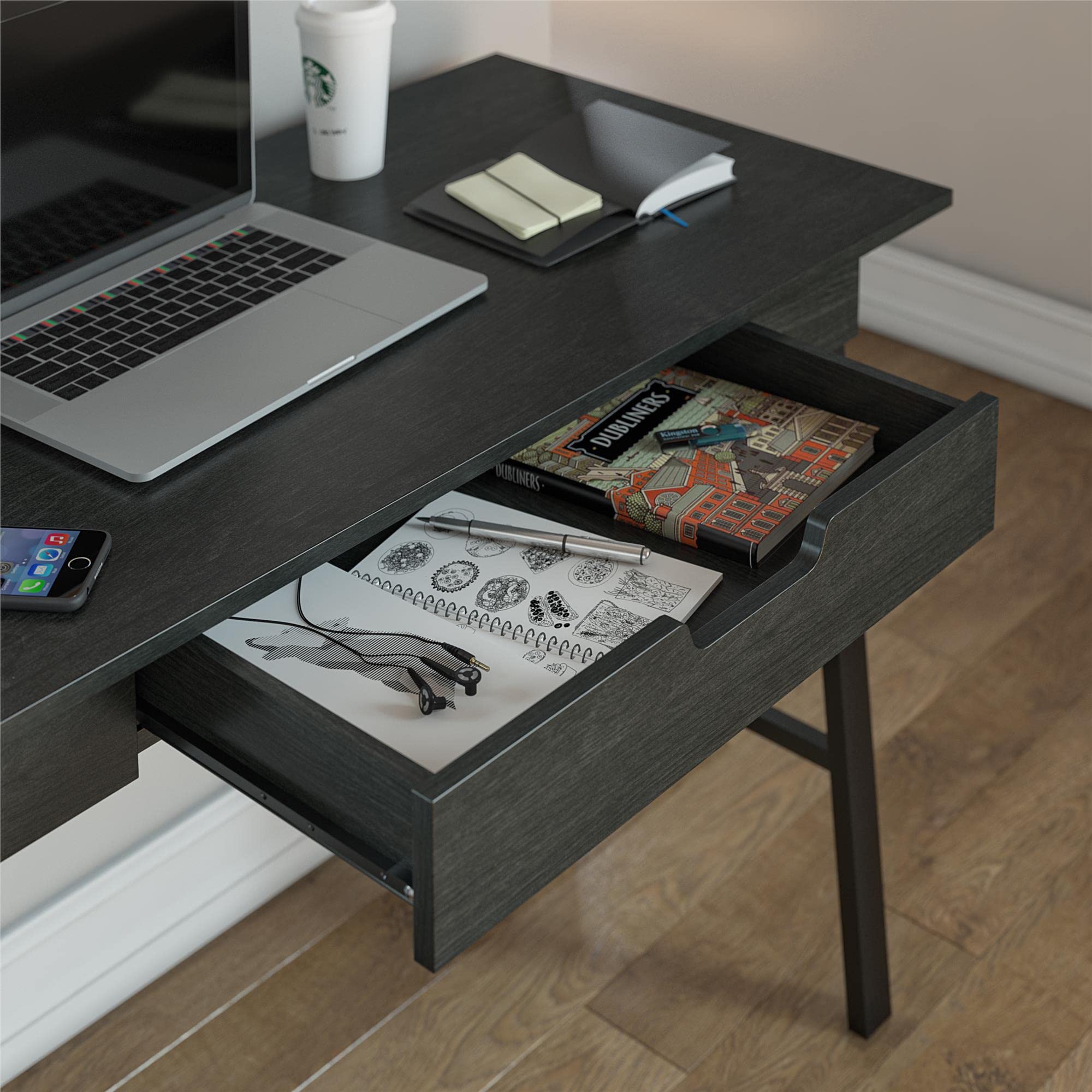 Ameriwood Home Oxford Computer Desk - Black Oak Finish, Modern Writing Desk for Home Office, Study & Workspace