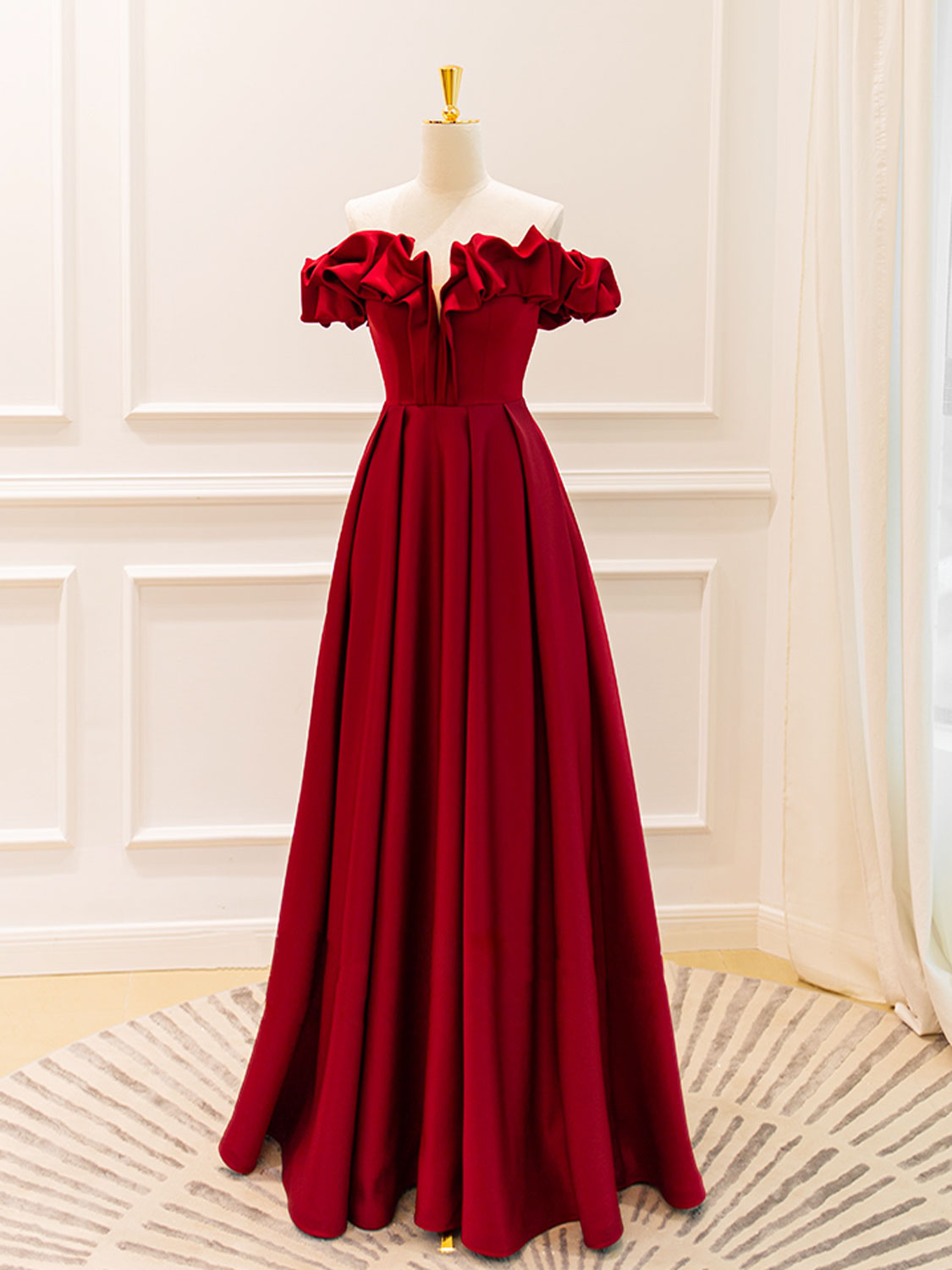 Elegant A-Line Off Shoulder Satin Burgundy Evening Dress for Women - Perfect for Cocktail Parties, Weddings & Special Occasions