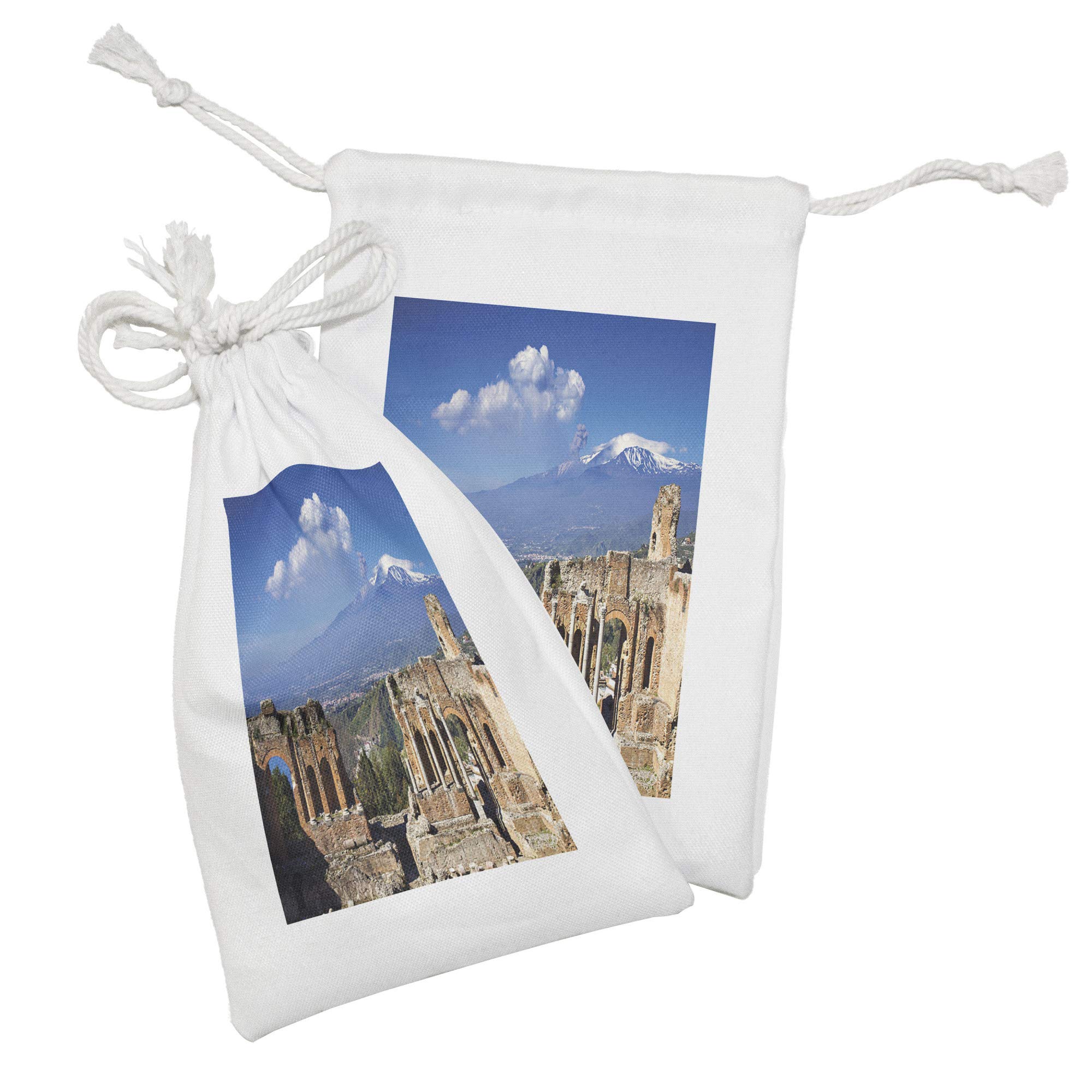 Ambesonne Sicily Fabric Pouch Set of 2 - Greek Roman Theater Ruins & Mount Etna Eruption Landscape Print - 9