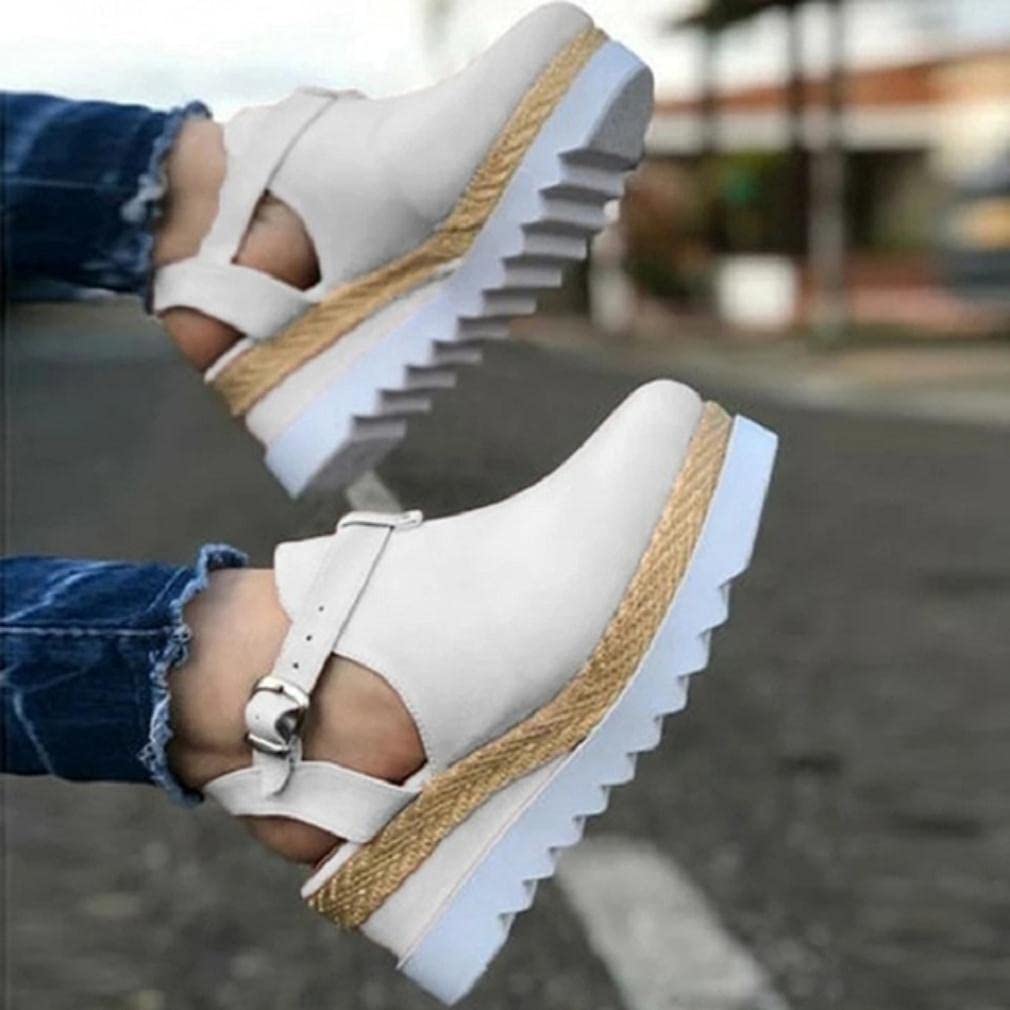 Vintage Women's Wedge Sandals with Buckle Strap & Straw Platform - Thick Bottom Comfort Flats for Summer 2021 (Beige) | Perfect for Beach Vacations, Casual Outings & Summer Fashion