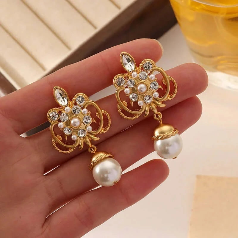 Baroque Pearl Drop Earrings for Women - Elegant Floral Dangle Earrings DM363 | Perfect for Weddings, Parties & Special Occasions