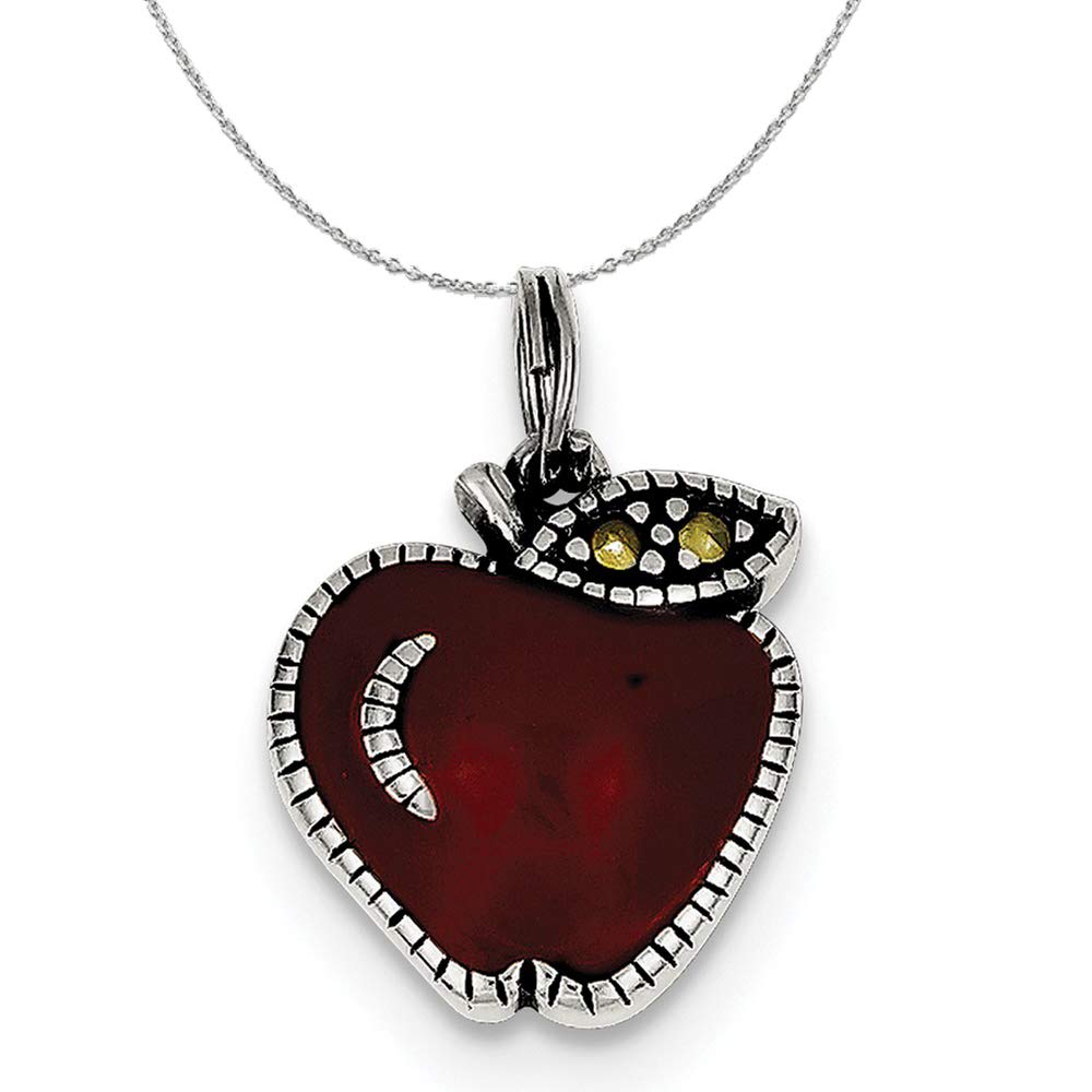 Antique Black Bow Jewelry Necklace with Silver, Marcasite & Red Enamel Apple Charm - Perfect for Vintage Lovers, Gift Giving & Special Occasions