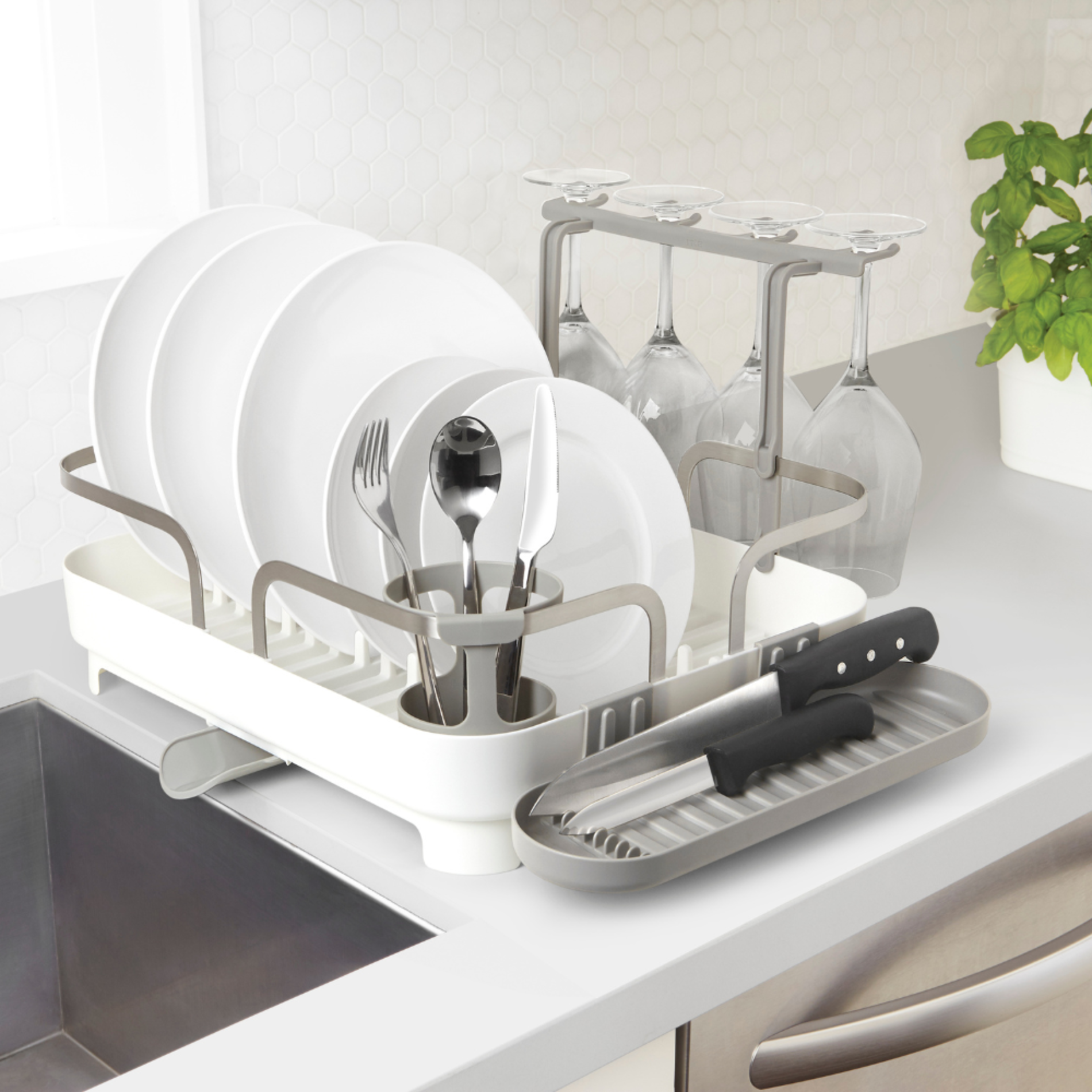 Stainless Steel Dish Drying Rack with Knife Holder & Utensil Storage - Space Saving Kitchen Organizer for Countertop, Sink, or Cabinet - Perfect for Small Apartments & RVs