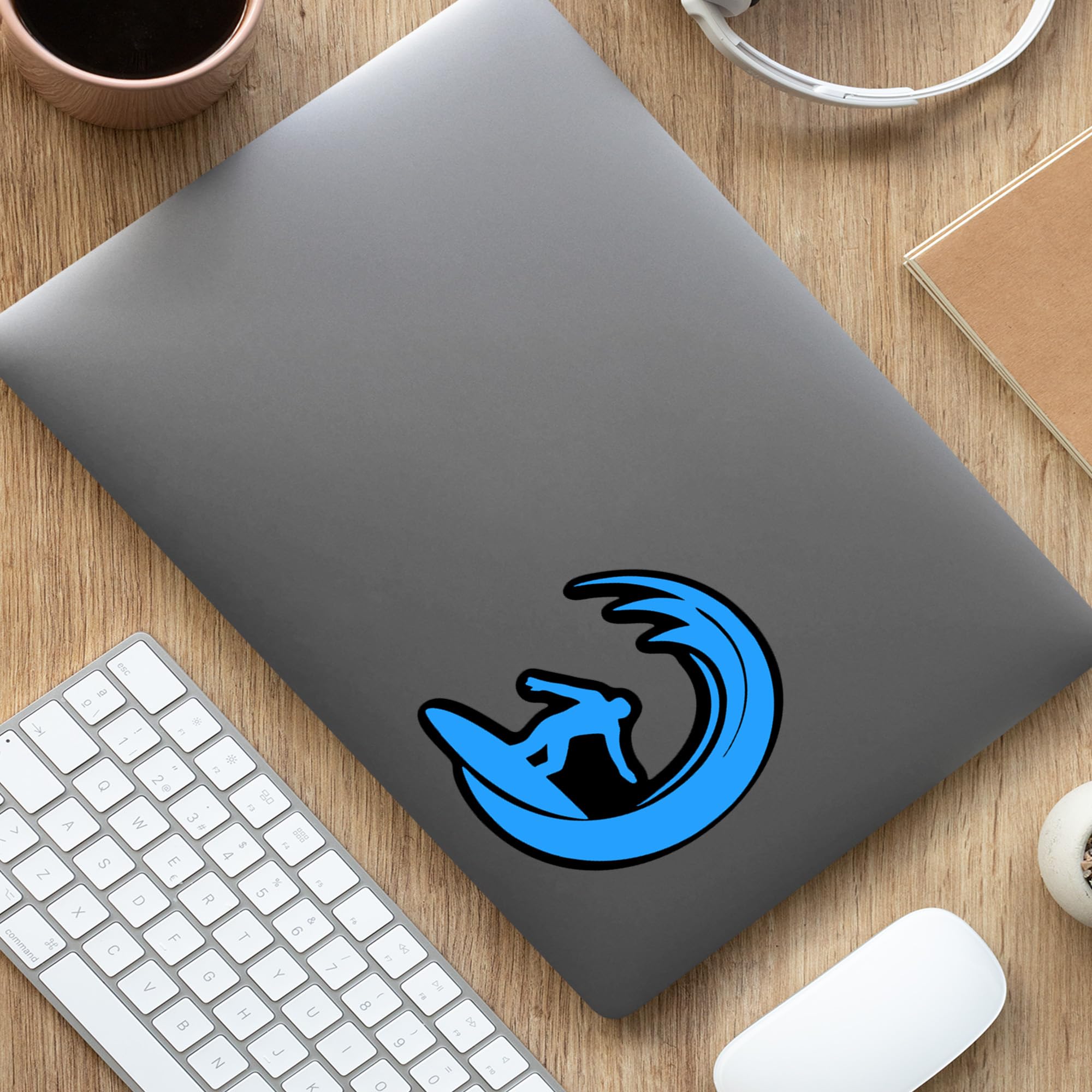 Waterproof Surfing Wave Vinyl Decal Sticker - Light Blue on Black - 5 Inch Car, Truck, Laptop, Cup & Wall Sticker - Beach Ocean Theme Design (KCD810LBL) - Perfect for Surfers, Beach Lovers & Outdoor Enthusiasts
