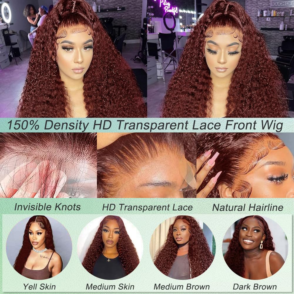 20inch Auburn Deep Wave Human Hair Wig with 13x4 HD Lace Frontal - 150% Density Reddish Brown Curly Wig with Baby Hair & Pre-Plucked Hairline for Women | Perfect for Cosplay, Daily Wear & Special Occasions