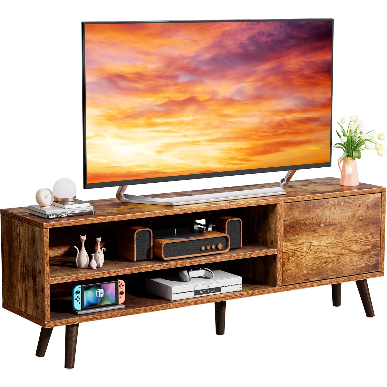 Vintage Mid Century Modern TV Stand for 70 Inch TVs - Rustic Brown Wood Entertainment Center with Storage Shelves | Perfect for Living Room, Bedroom & Home Theater Setup - APRTS05V
