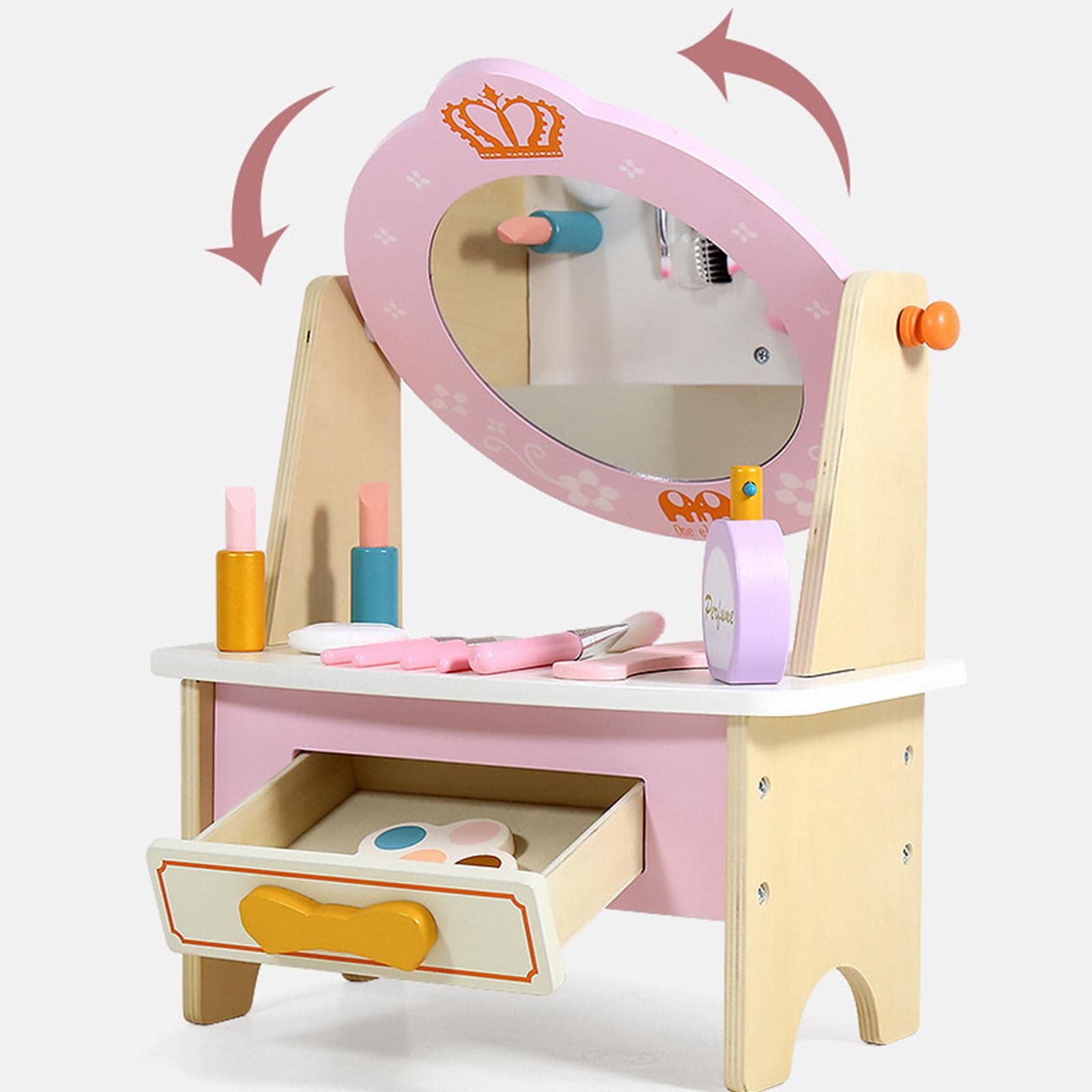 Wooden Princess Vanity Table with Mirror & Makeup Accessories - Role Play Educational Toy for Toddlers & Kids - Pretend Play Dress Up Set for Girls - Perfect for Birthday Gifts & Imaginative Playtime