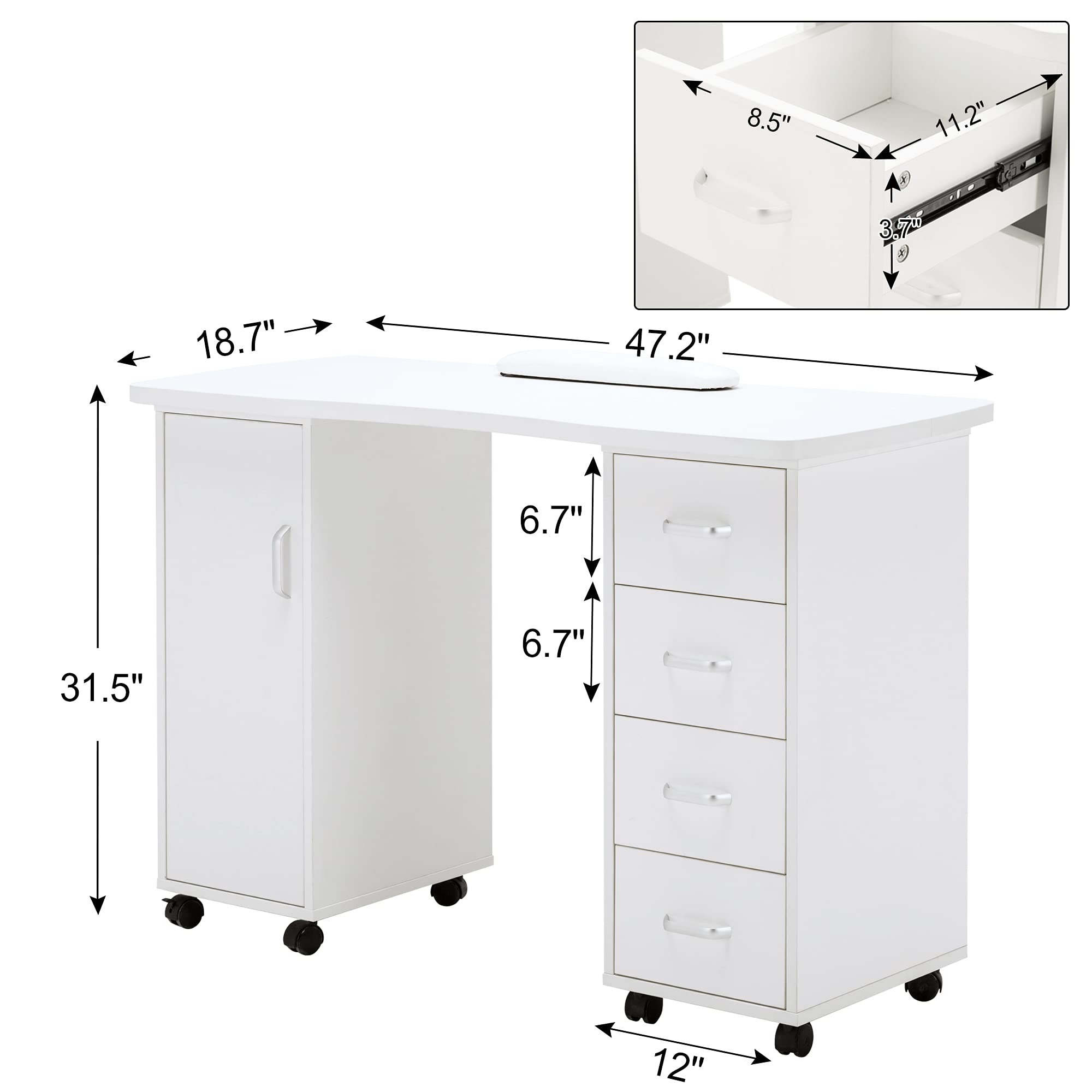 Professional Manicure Table for Nail Technicians - Acetone-Resistant Nail Salon Desk with 4 Drawers, 2 Storage Cabinets & Lockable Wheels - Ergonomic Wrist Pad - Perfect for Beauty Salons, Nail Studios & Home Spa Use