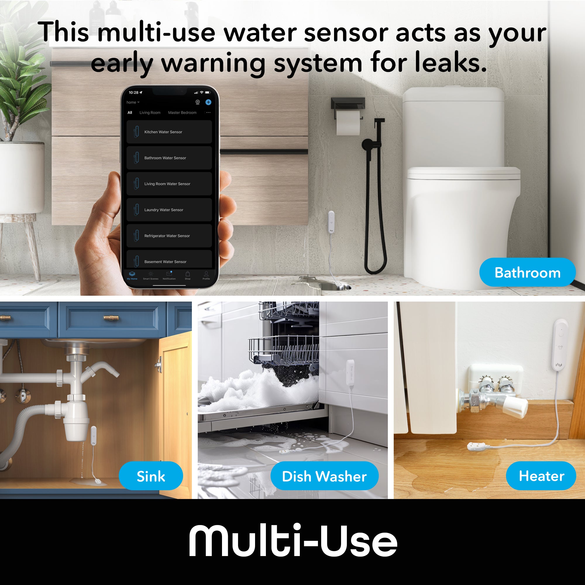Geeni Smart Water Leak Detector with Alarm - Wireless Home Security Sensor for Basement, Bathroom & Kitchen | Real-Time Alerts & App Notifications