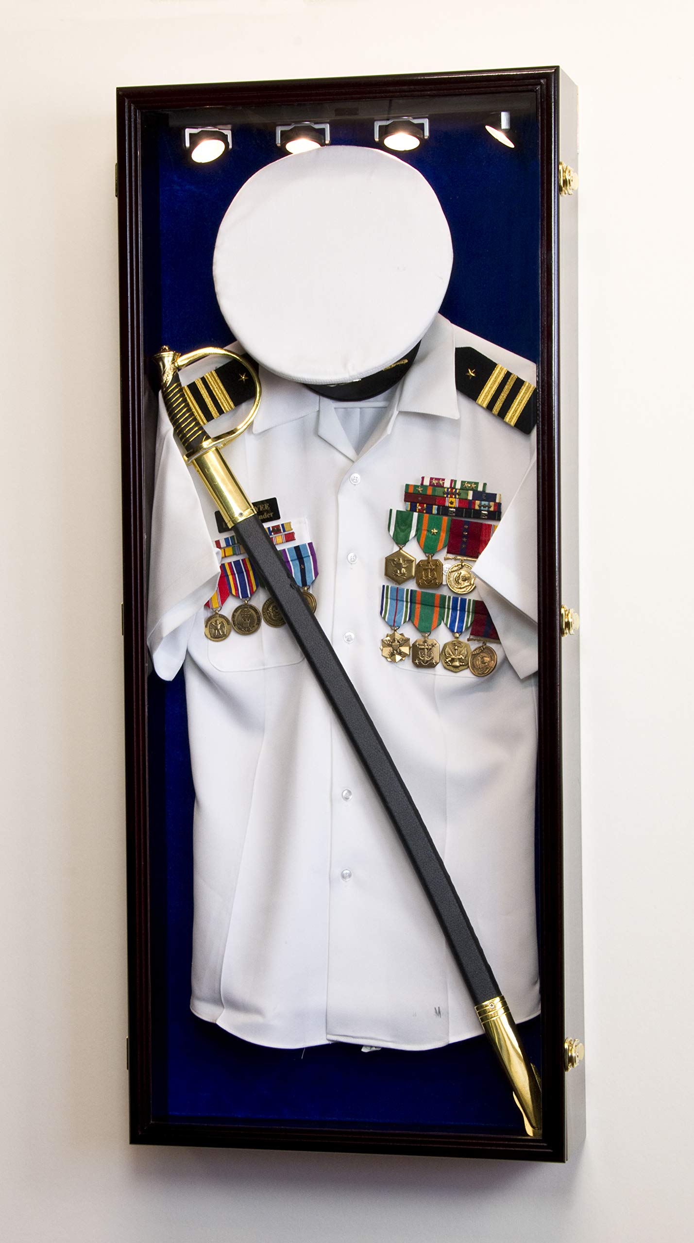 Military Shadow Box Display Case for Uniform, Cap, Hat, Sword & Medals - Lockable Wall Cabinet Frame with Cherry Finish, LED Light & Blue Felt Background | Perfect for Veterans, Collectors & Home Decor