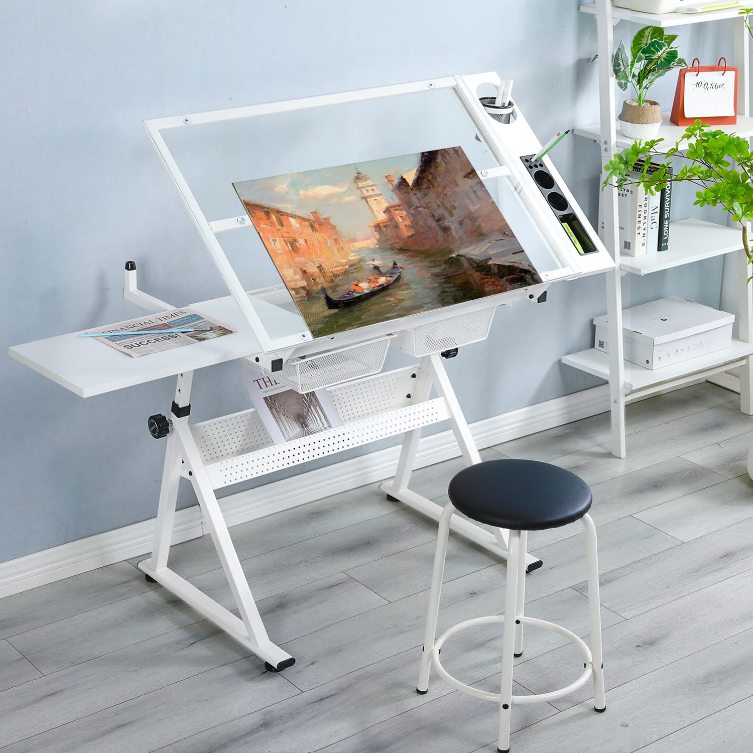 LifeSky Adjustable Drafting Table for Artists - Art Drawing Desk with Storage & Glass Top - Perfect for Painting, Sketching, Illustrators & Cartoonists - Ideal for Home Studios, Art Classes & Professional Workspaces