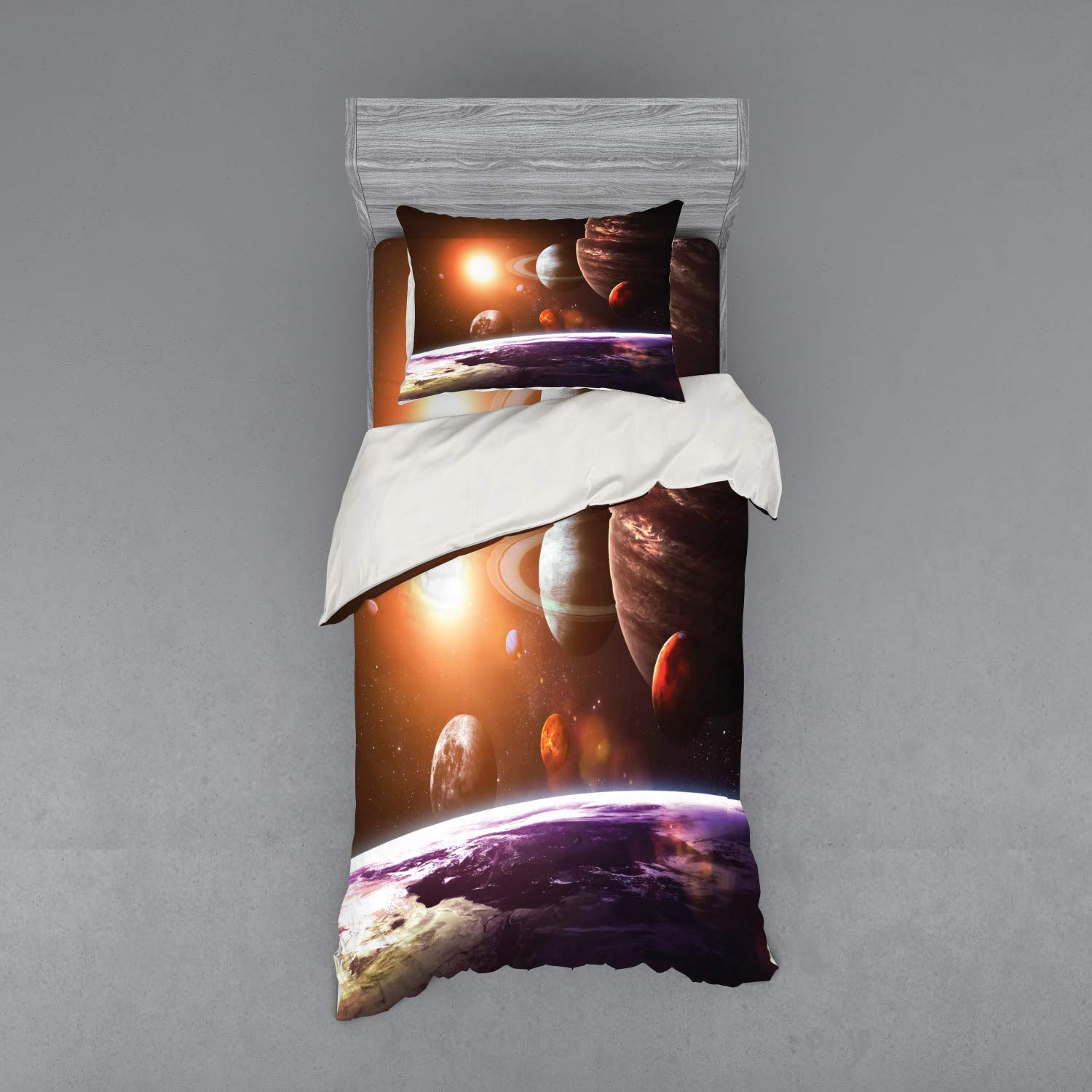 Ambesonne Galaxy Bedding Set 3-Piece - Space Themed Duvet Cover with Sham & Fitted Sheet, Twin Size, Magenta Orange - Planets, Sun & Moon Design for Science & Astronomy Lovers - Perfect for Kids' Rooms, Dorm Decor & Space-Themed Bedrooms