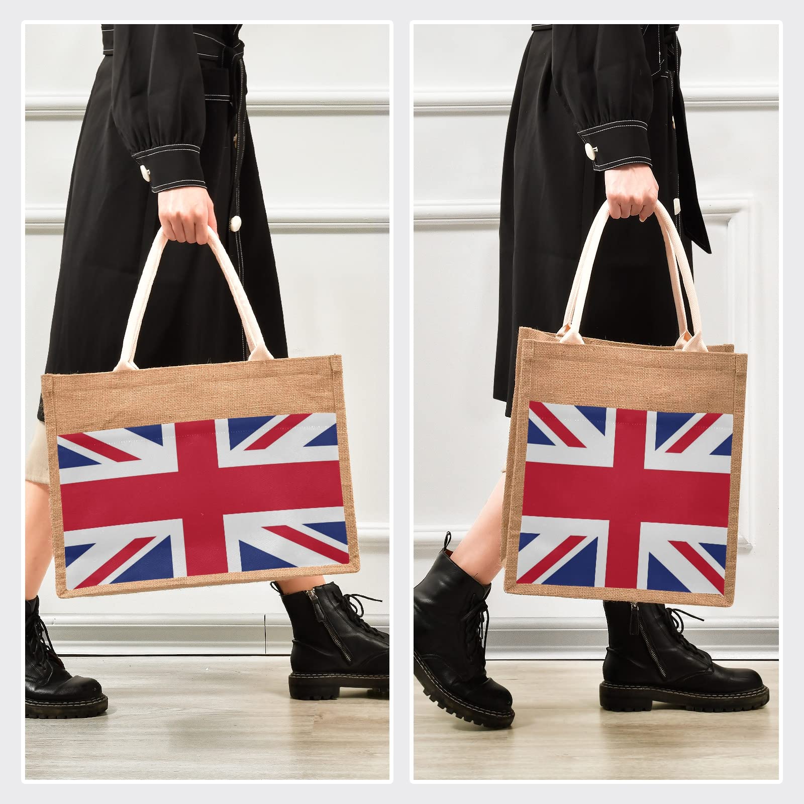 British Flag Jute Tote Bag for Women - Stylish Union Jack Grocery Shopping Bag with Handles, 8.7 x 11.8 x 5.9 Inches - Perfect for Outdoor Travel, Beach Trips, Picnics and Farmers Market Shopping