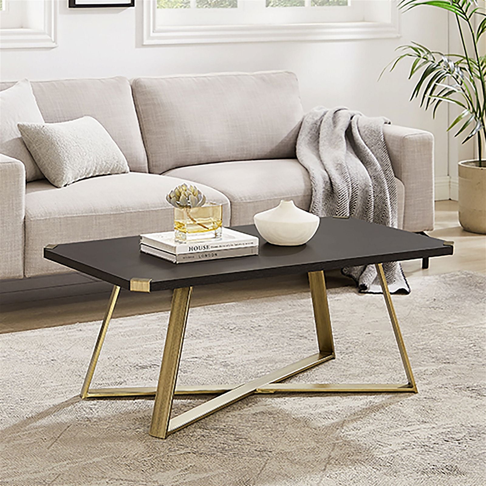 Premium Criterion Capri Coffee Table - 1100mm Black Oak with Gold Metal Legs & Accents - Modern Living Room Centerpiece for Home Decor