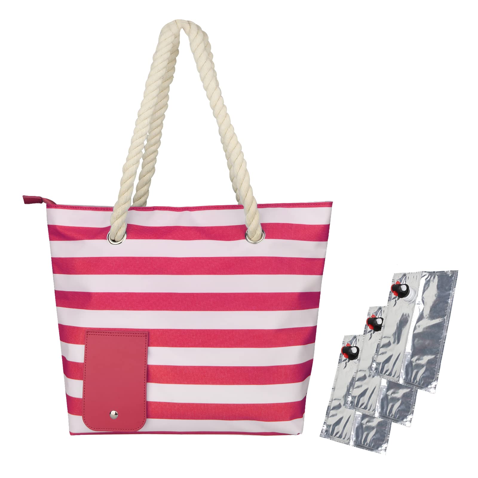 **Leakproof Insulated Wine Purse for Women - Large Wine Tote Bag with 3x Wine Bladder, Hidden Compartments & Spout - Perfect for Picnics, Parties & Travel (Pink Stripes)**