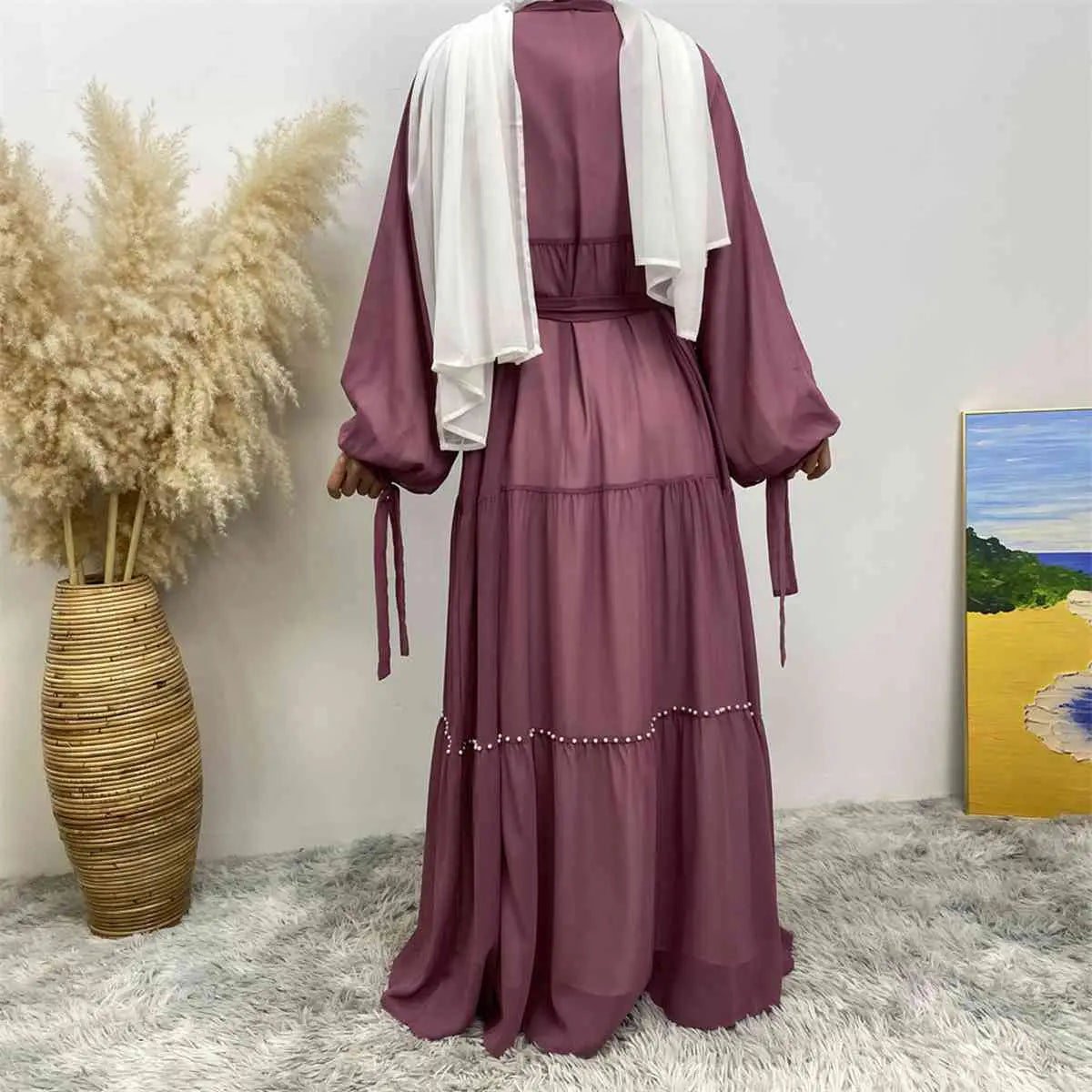 Elegant Muslim Women's Chiffon Beaded Open Abaya Dress - Modest Islamic Prayer Dress for Mosque, Eid & Special Occasions