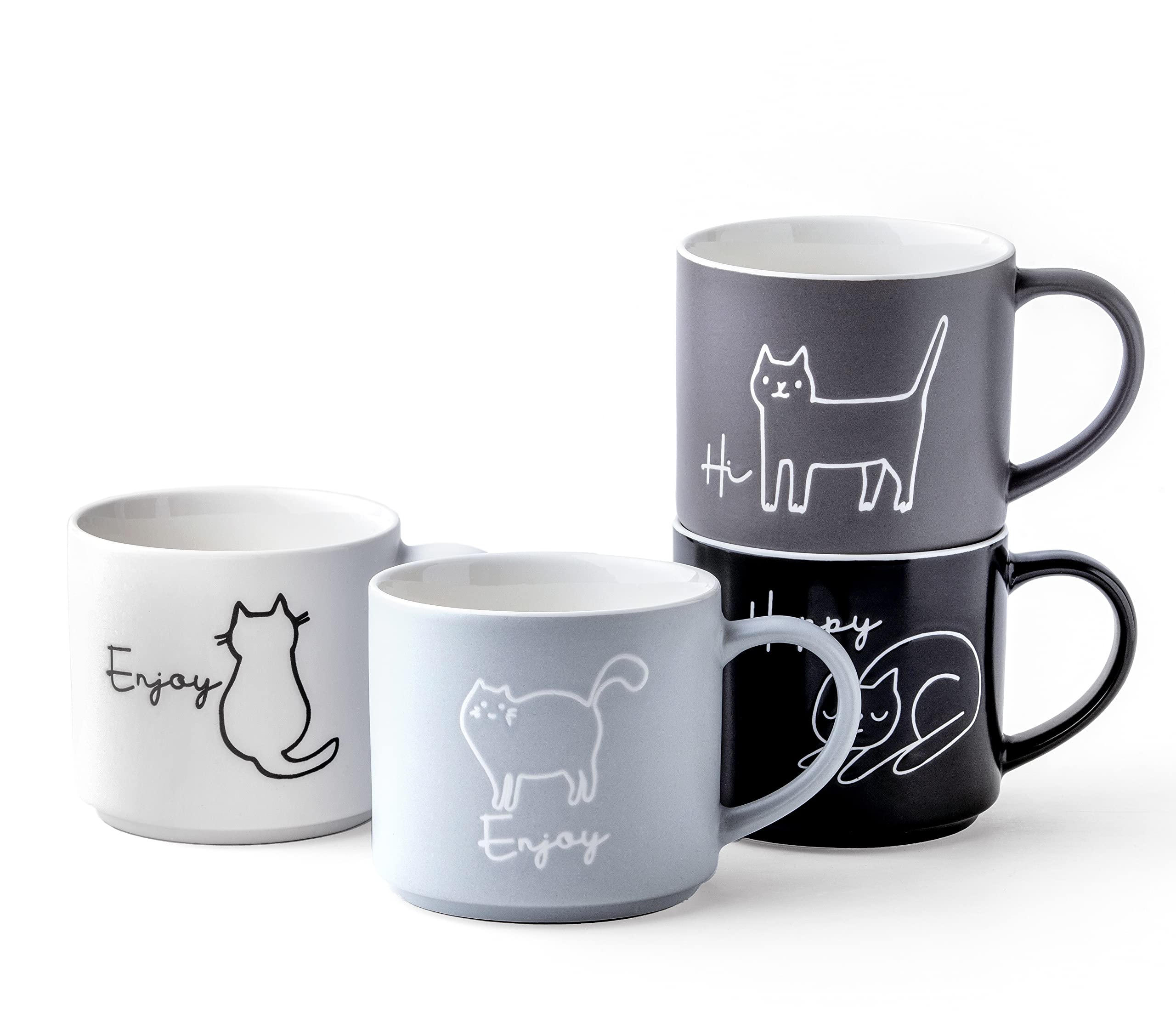 Divitis Home 18oz Stackable Coffee Mugs Set of 4 - Premium Bone China Tea & Coffee Cups for Home, Office, or Gifts (Kitten Design) - Perfect for Morning Coffee, Afternoon Tea, or Decorating Your Kitchen