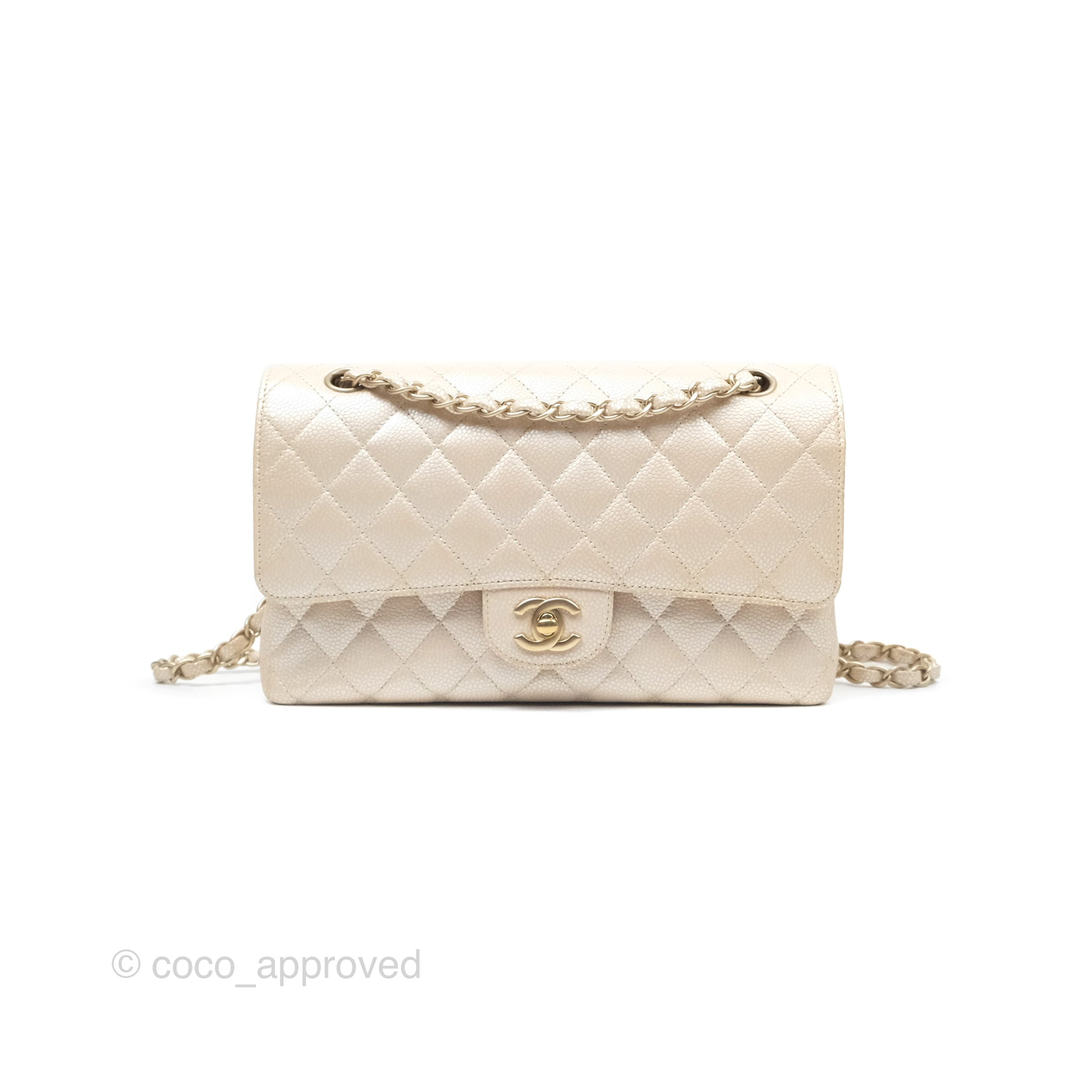 Chanel Classic M/L Medium Double Flap Bag in Iridescent Pearly Caviar Leather with Aged Gold Hardware - Perfect for Evening Events, Luxury Gifts & Fashion Accessories