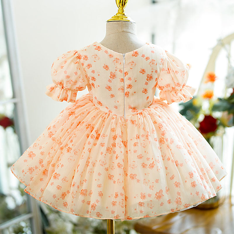 Orange Princess Flower Girl Dress with Beaded Bow & Puff Sleeves - Perfect for Weddings, Tea Parties & Special Occasions