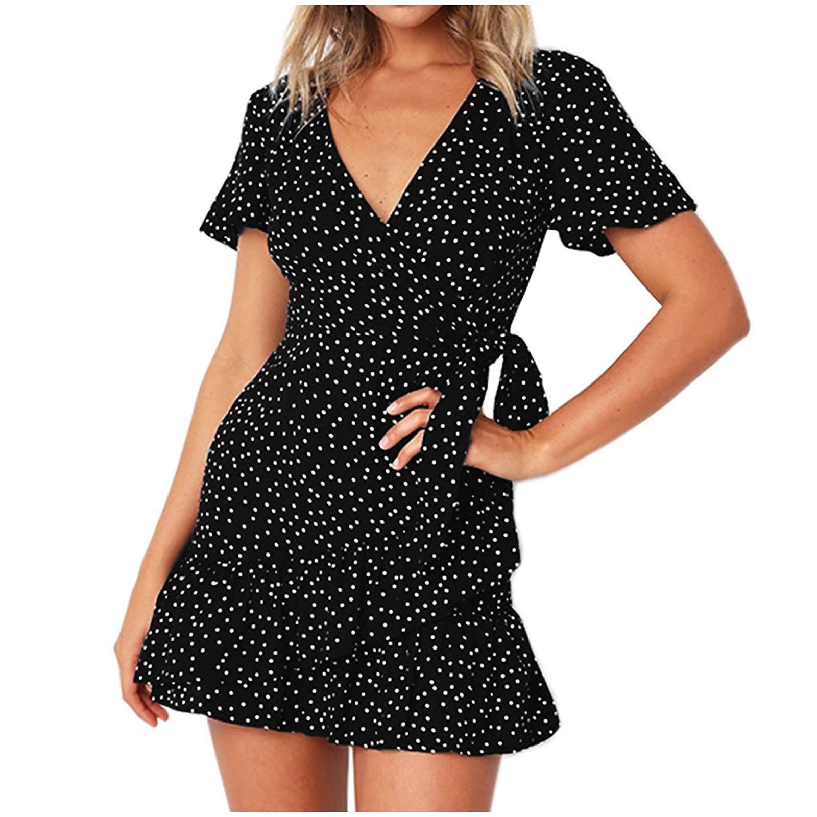 Women's Summer Chiffon Short Sleeve Ruffle Wrap Dress - Bohemian Floral Printed A-Line Swing Dress for Beach, Party & Casual Wear