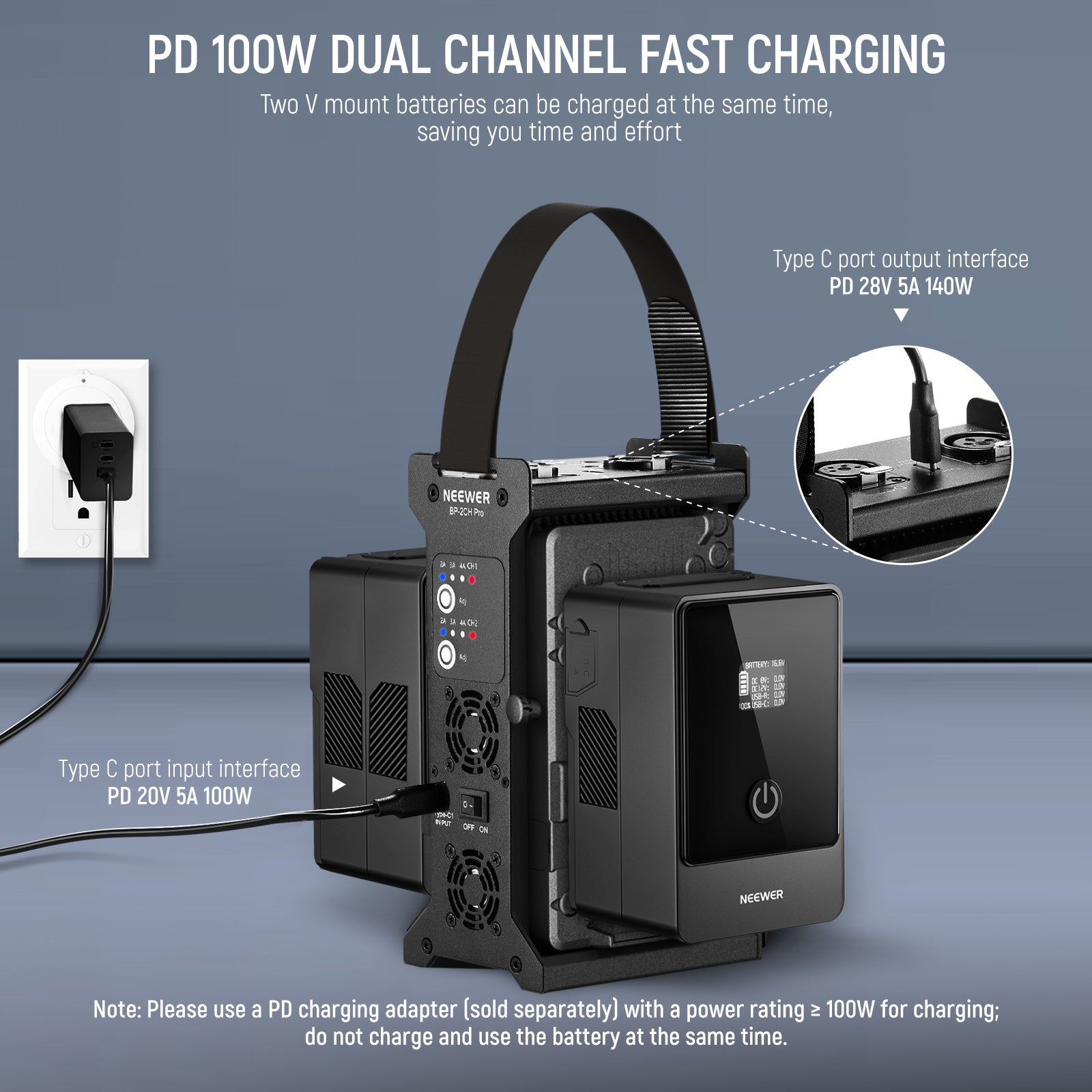 NEEWER BP 2CH Pro V Mount Dual Channel 100W PD Fast Battery Charger for DSLR Cameras & Video Equipment - Perfect for On-Location Photography & Film Production