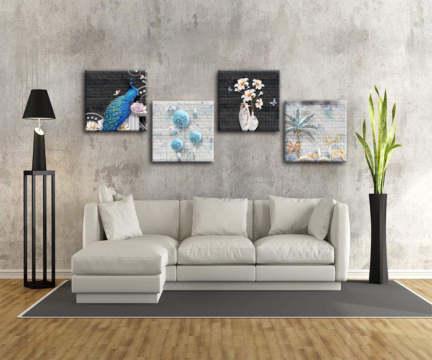 Modern Abstract Canvas Wall Art - 4 Panels Flower & Animal Painting Print, Framed & Ready to Hang for Living Room Decor | Perfect for Home, Office & Bedroom Wall Decoration