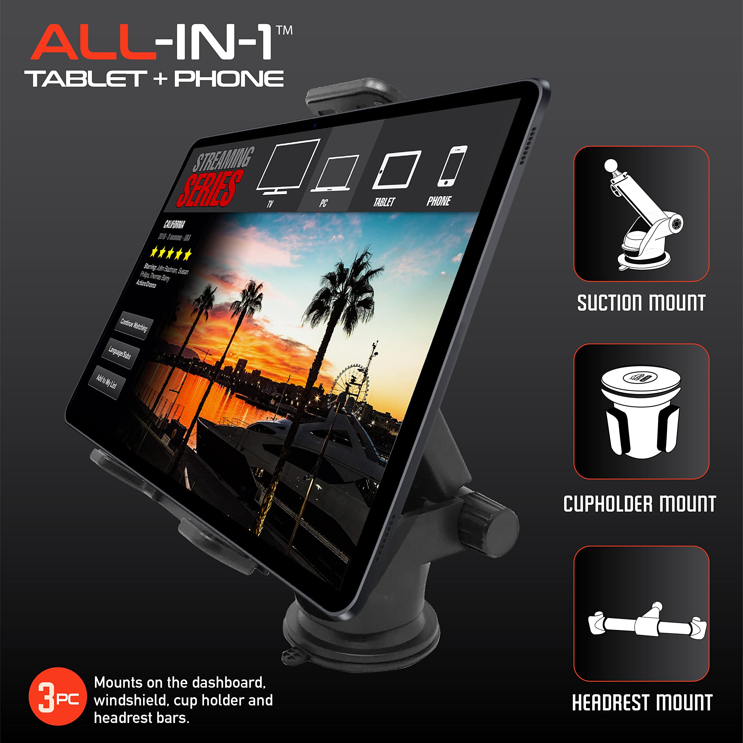 Universal Tablet Mount Holder Stand - Adjustable & Sturdy for iPad, Samsung, Kindle - Perfect for Bed, Car, Kitchen & Office Use