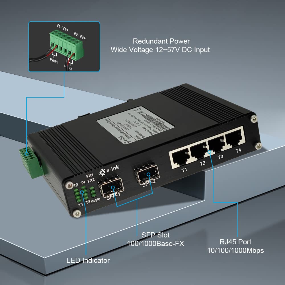 Industrial 4-Port Gigabit Ethernet Switch | DIN-Rail Mountable | 10/100/1000Mbps Unmanaged Network Switch | 4x RJ45 + 2x SFP Fiber Ports | Rugged Design for Harsh Environments | Perfect for Factory Automation & Industrial Networking