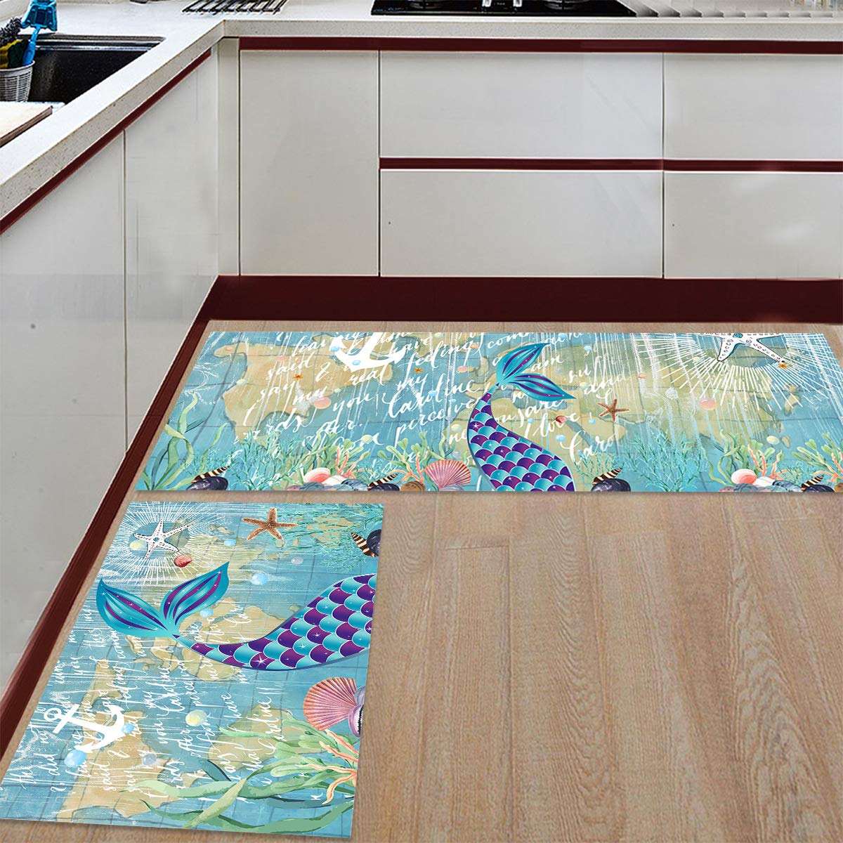 Anti-Fatigue Kitchen Rug Set - 2 Piece Non-Slip Rubber Backing Floor Mats with Nautical Map Design, Washable Indoor Doormat & Mermaid Tail Carpet Pad for Comfortable Standing - Perfect for Kitchen, Entryway, Laundry Room & High-Traffic Areas
