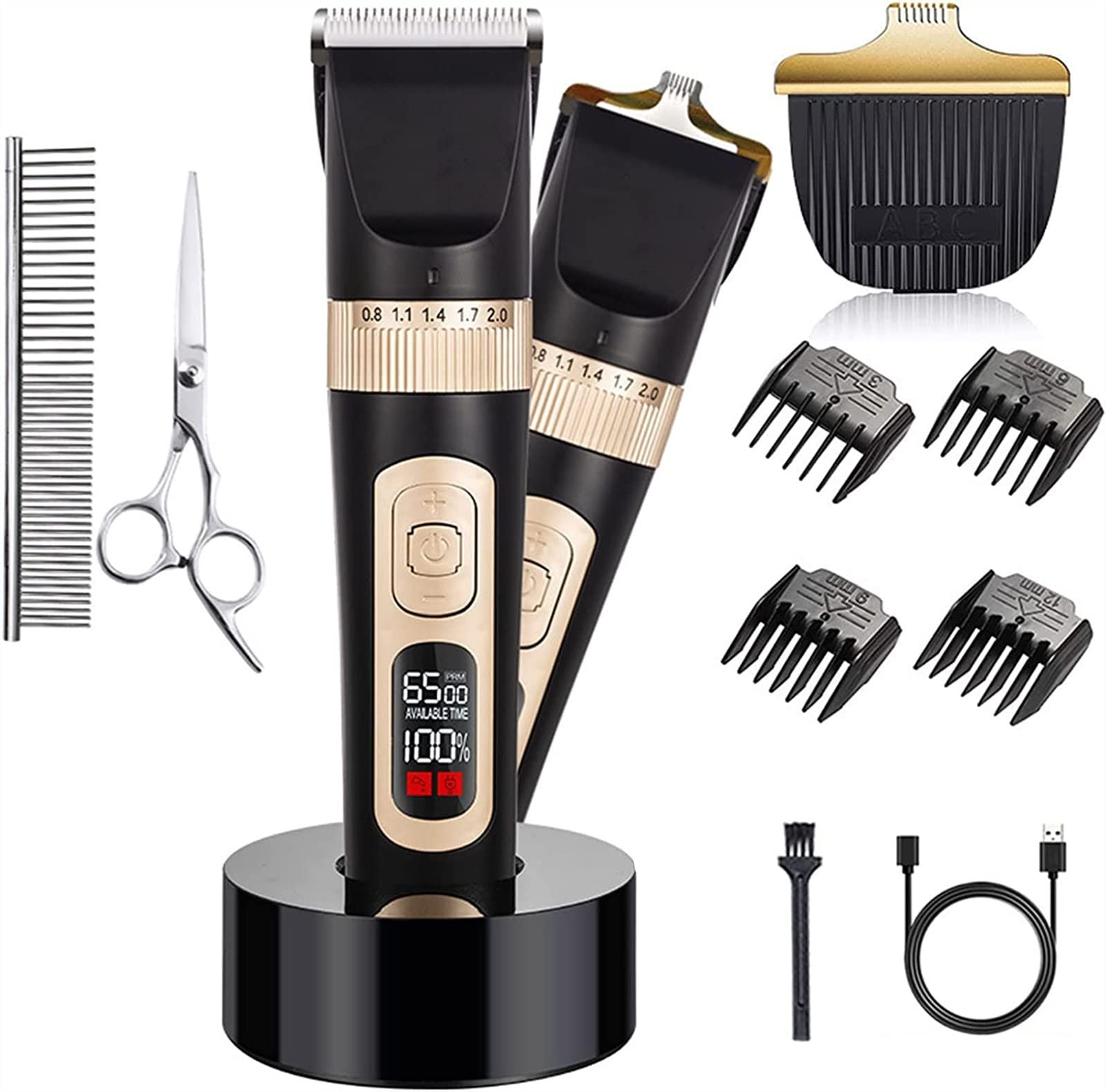 Professional Low Noise USB Rechargeable Cordless Dog Grooming Clippers Kit - Quiet Electric Pet Hair Trimmer & Nail Clippers for Dogs & Cats (Gold) - Perfect for Home Grooming & Professional Pet Care