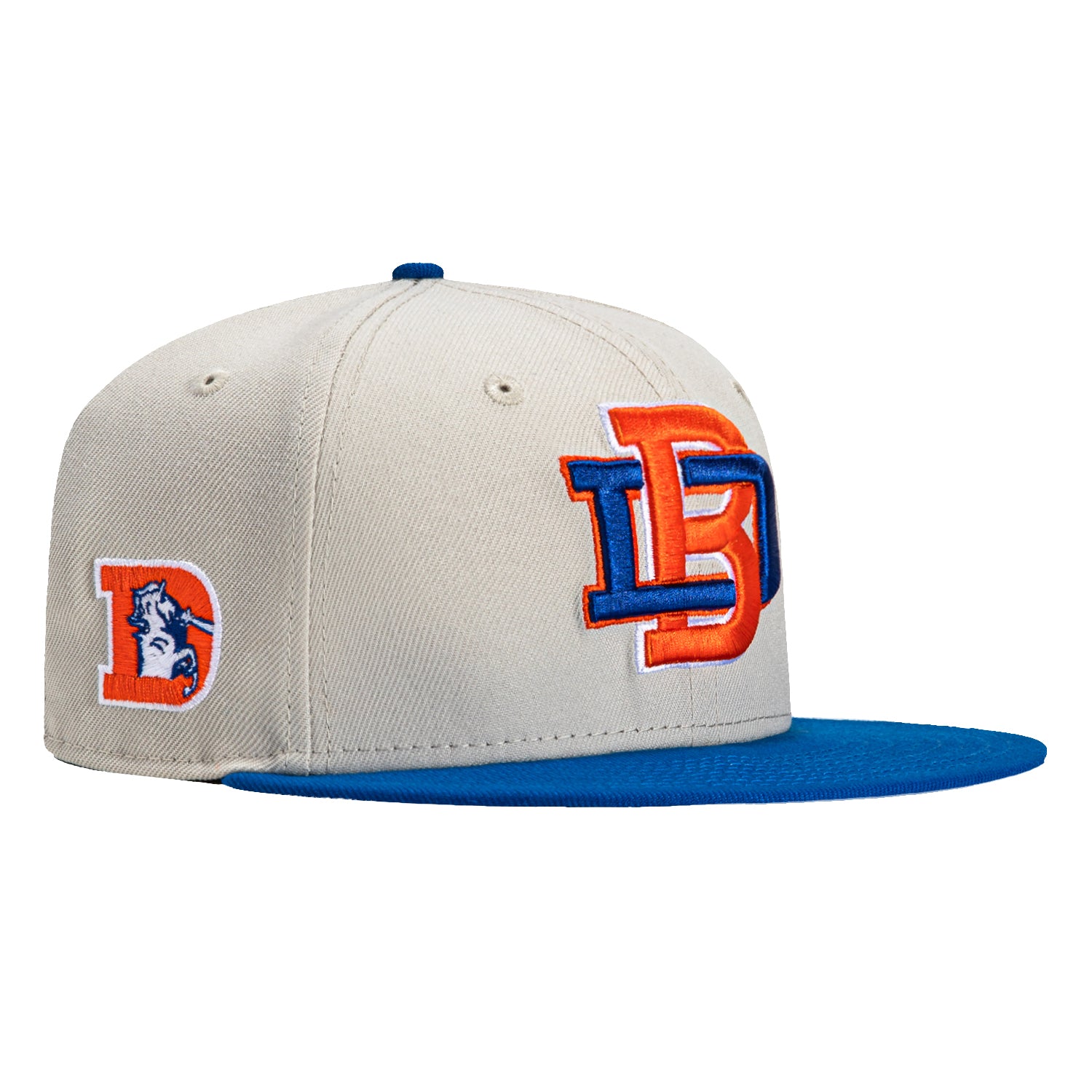 New Era 59Fifty Denver Broncos Logo Patch Snapback Hat - Stone & Royal Blue - Official NFL Team Cap for Men & Women - Perfect for Game Day, Sports Events & Streetwear Fashion