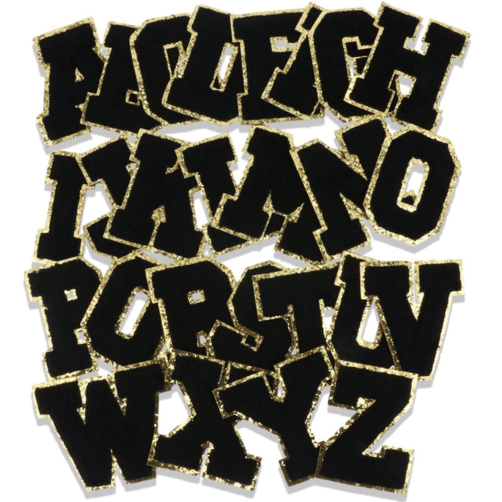 **A-Z Chenille Embroidered Letter Patches with Gold Sequins Edge - 26PCS Iron On & Sew On Alphabet Appliques for Hats, Jackets, Shirts, Vests, Jeans - Perfect for DIY Customization, Fashion Repair & Personalized Gifts (Black)**