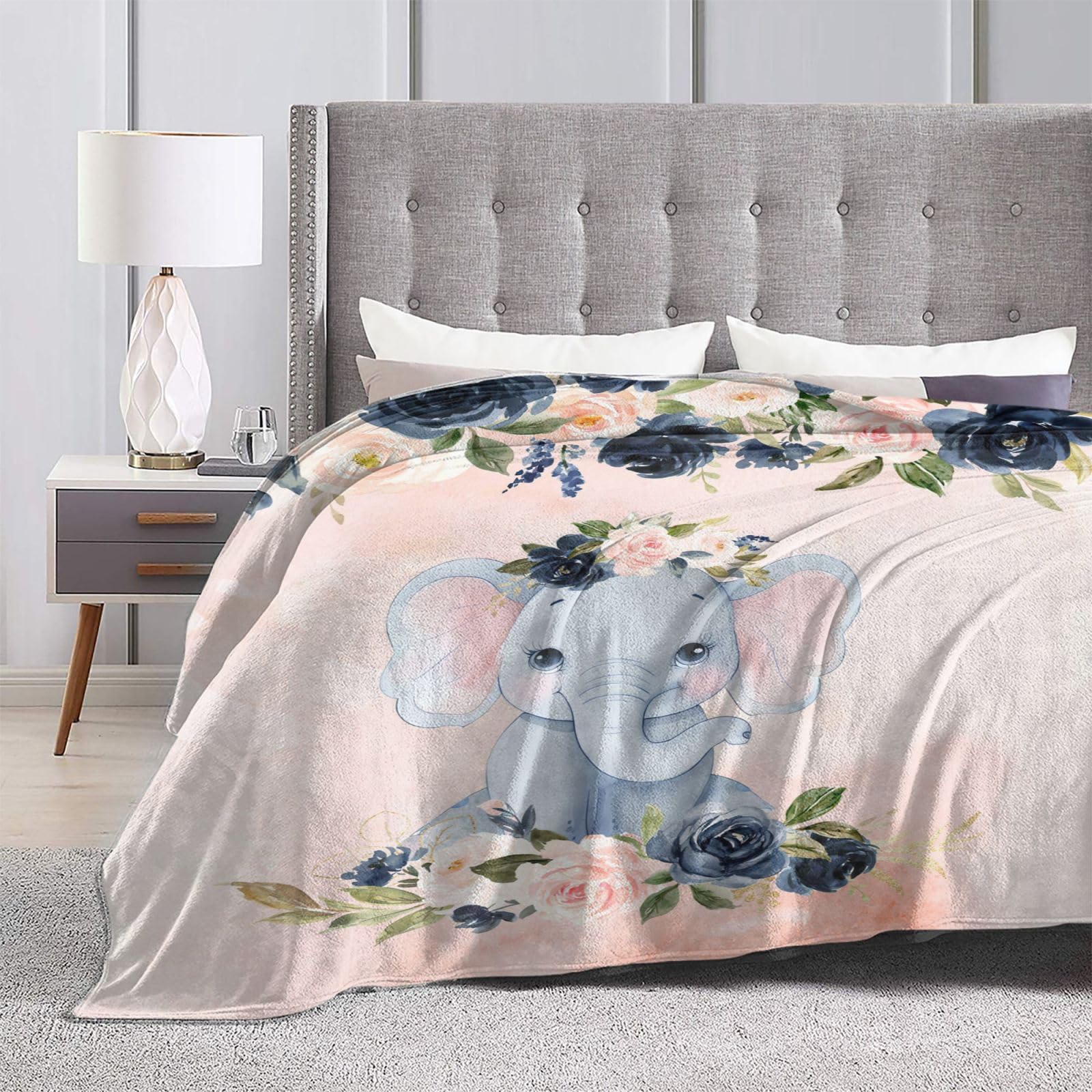 **Soft Pink Floral Baby Elephant Blanket - Super Warm & Plush Fleece Throw Blanket for Girls, Kids & Women - 40