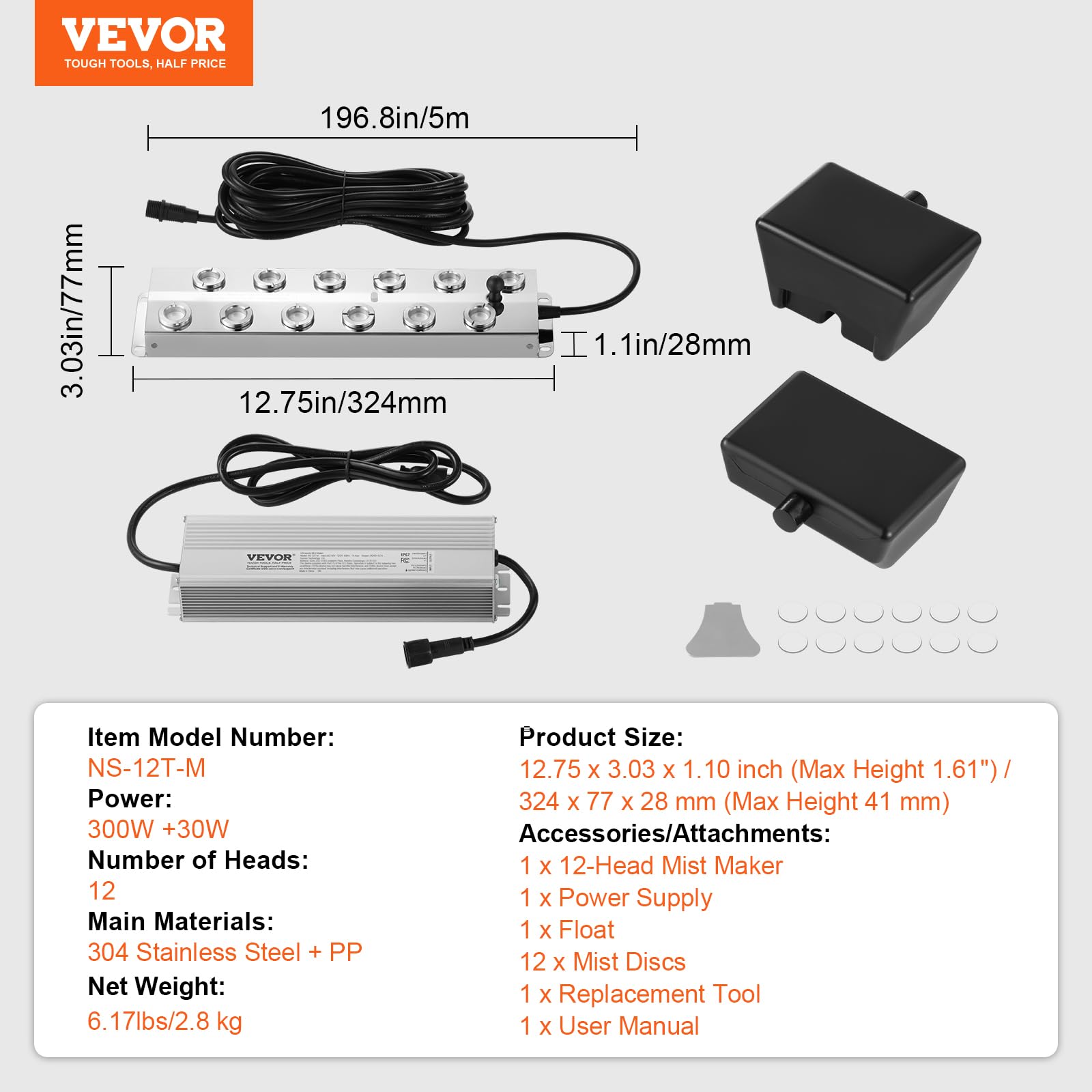 VEVOR 12-Head Ultrasonic Mist Maker Fogger - 9000mL/H High Output with 300W IP67 Waterproof Power Supply, Floating Buoy & Replacement Discs - Perfect for Ponds, Gardens, Rockeries, Greenhouses & Halloween Decorations - Create Magical Ambiance for Parties, Weddings & Home Relaxation