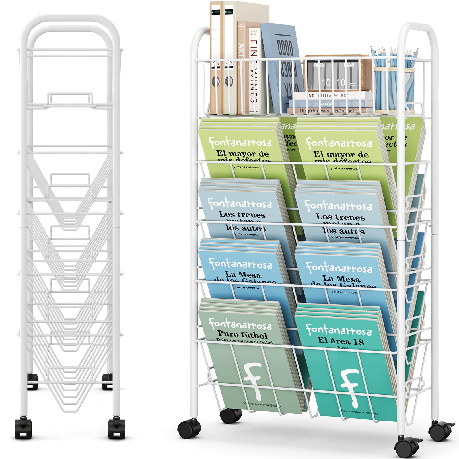 5-Tier Rolling Book Cart with Wheels - Metal Mobile Bookshelf for Classroom, Dorm, School & Home - Portable Book Storage Organizer & Office File Cart - Perfect for Study, Library & Workspace Organization (White)
