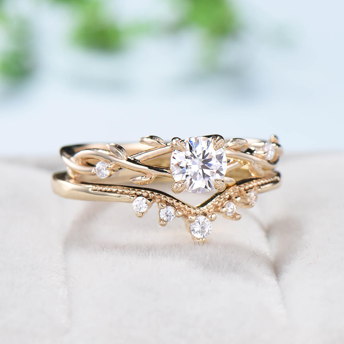 5mm Round Brilliant Moissanite Engagement Ring Set - Nature Inspired Leaf Branch Wedding Band, Unique Twig Bridal Jewelry for Women | Perfect for Proposals, Anniversaries & Romantic Occasions