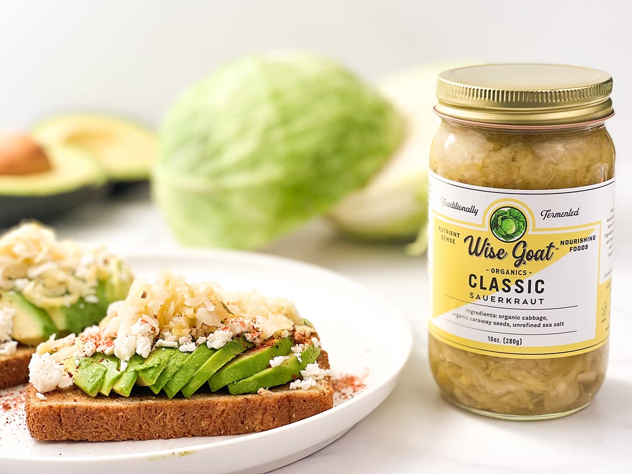 Organic Raw Fermented Probiotic Sauerkraut - Classic Flavor | Vegan, Gluten-Free, Non-GMO, Gut-Healthy | 16oz Glass Jar by Wise Goat Organics | Perfect for Gut Health, Sandwiches & Salads