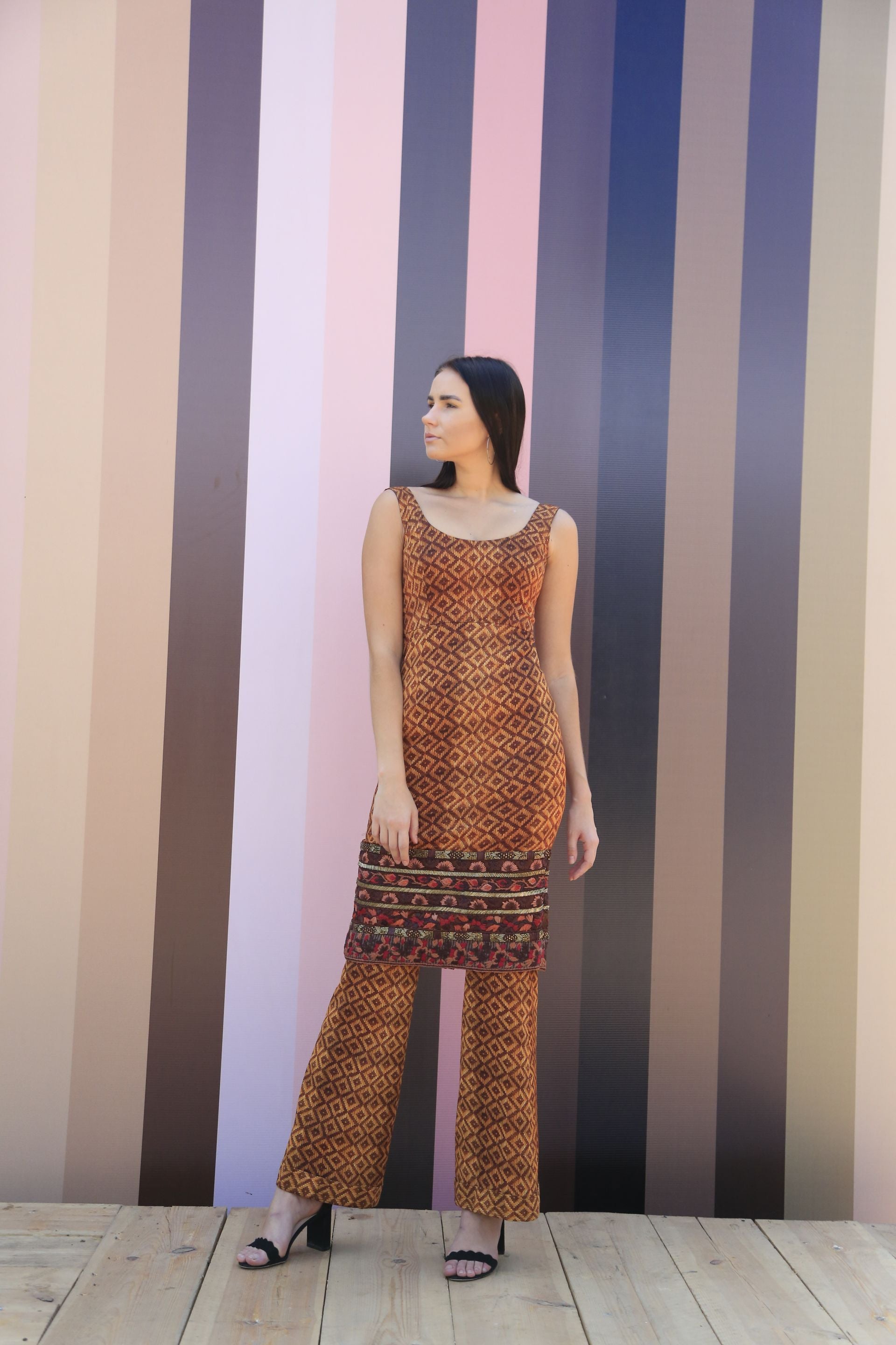 Beige Brown Basket Weave Print Embroidered Sleeveless Short Dress & Bell Bottom Pants Set - Summer Boho Outfit for Beach Vacation, Music Festival, and Casual Wear