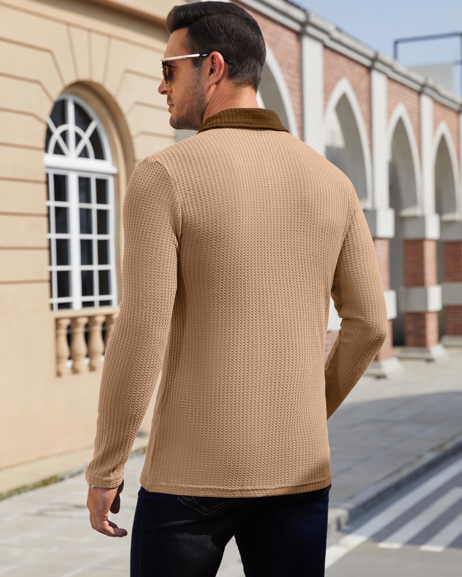 Men's Slim Fit Long Sleeve Knit Polo Shirt - Lightweight Waffle Texture Casual Shirt with Pocket | Perfect for Office Wear, Business Casual & Weekend Outings