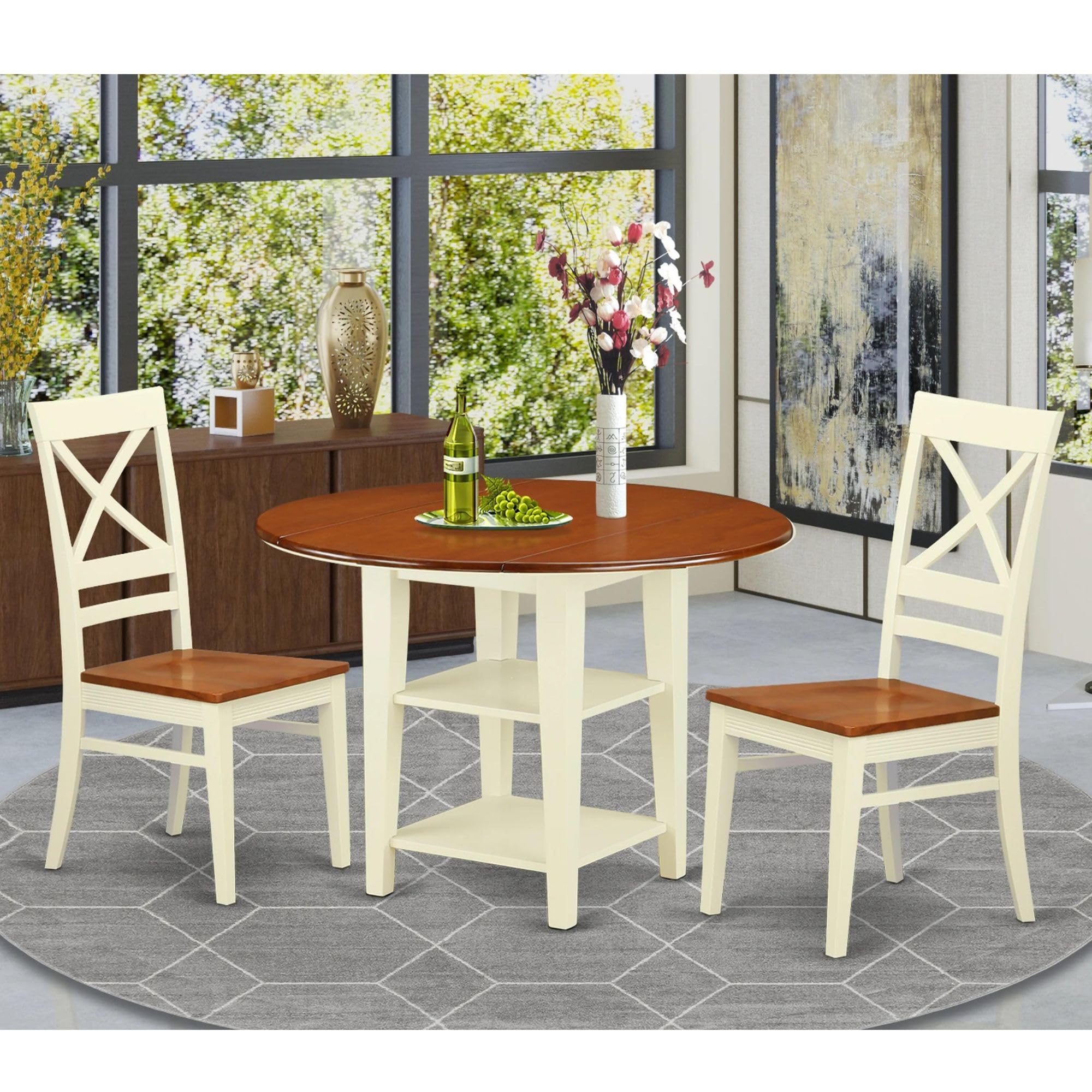 Modern 3-Piece Dining Table Set with Round Wooden Table, Drop Leaf & Shelves + 2 Chairs - 42x42 Inch, Buttermilk & Cherry - Perfect for Small Spaces, Breakfast Nooks & Cozy Apartments